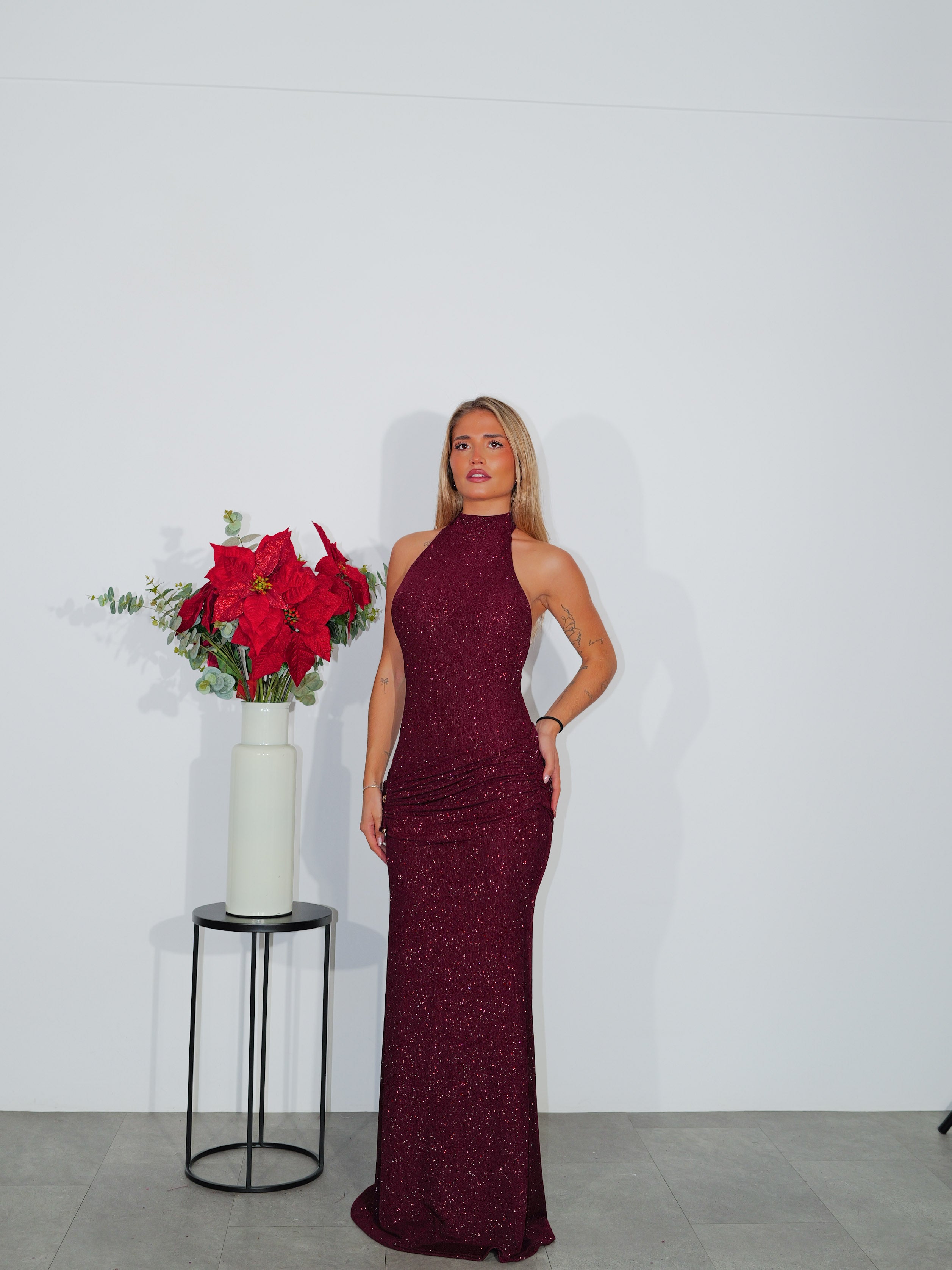 Lurex dress burgundy hip detail