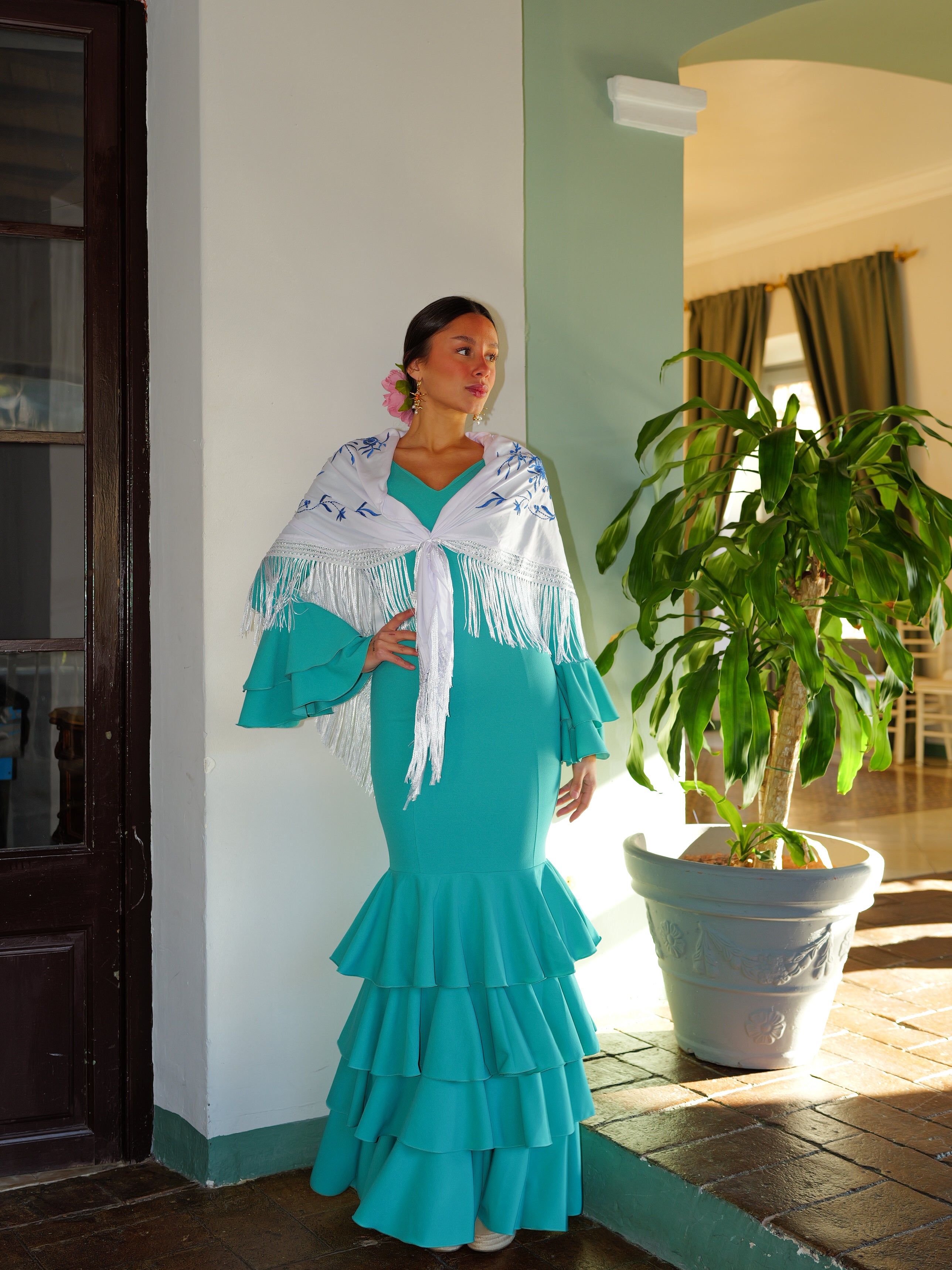 Turquoise flamenco dress with ruffled flounces