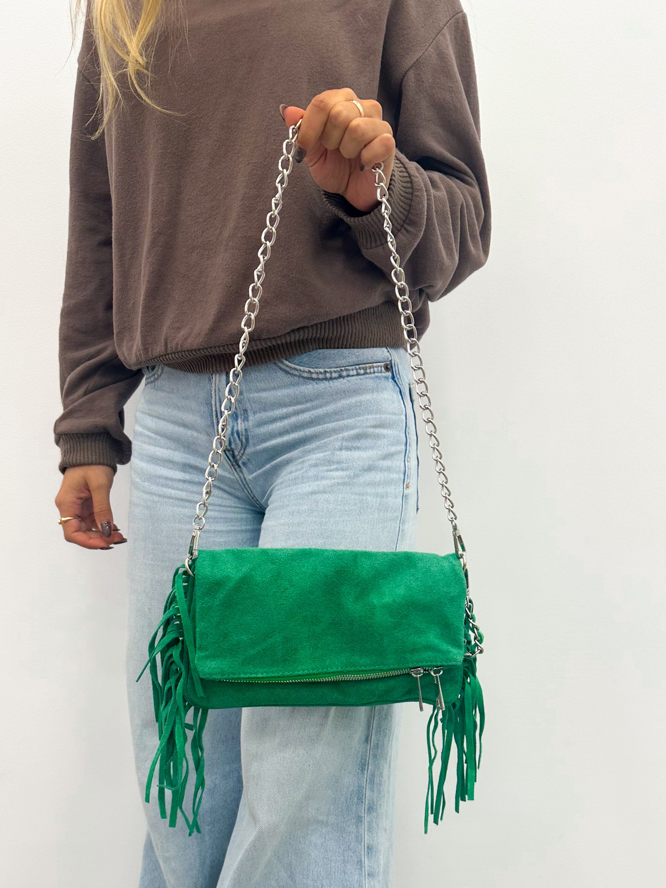 Green suede fringed chains bag