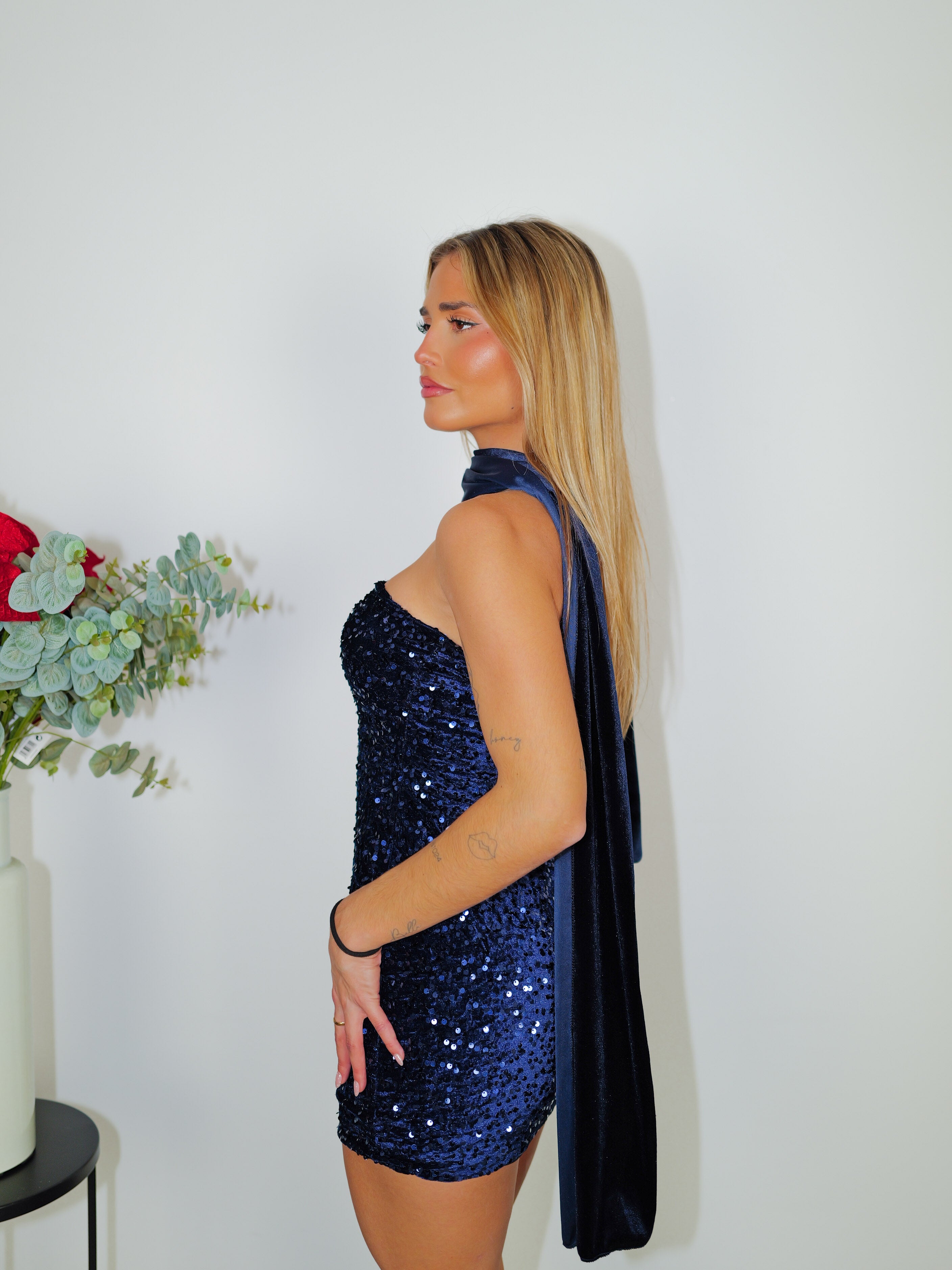 Navy glitter word mini choker dress