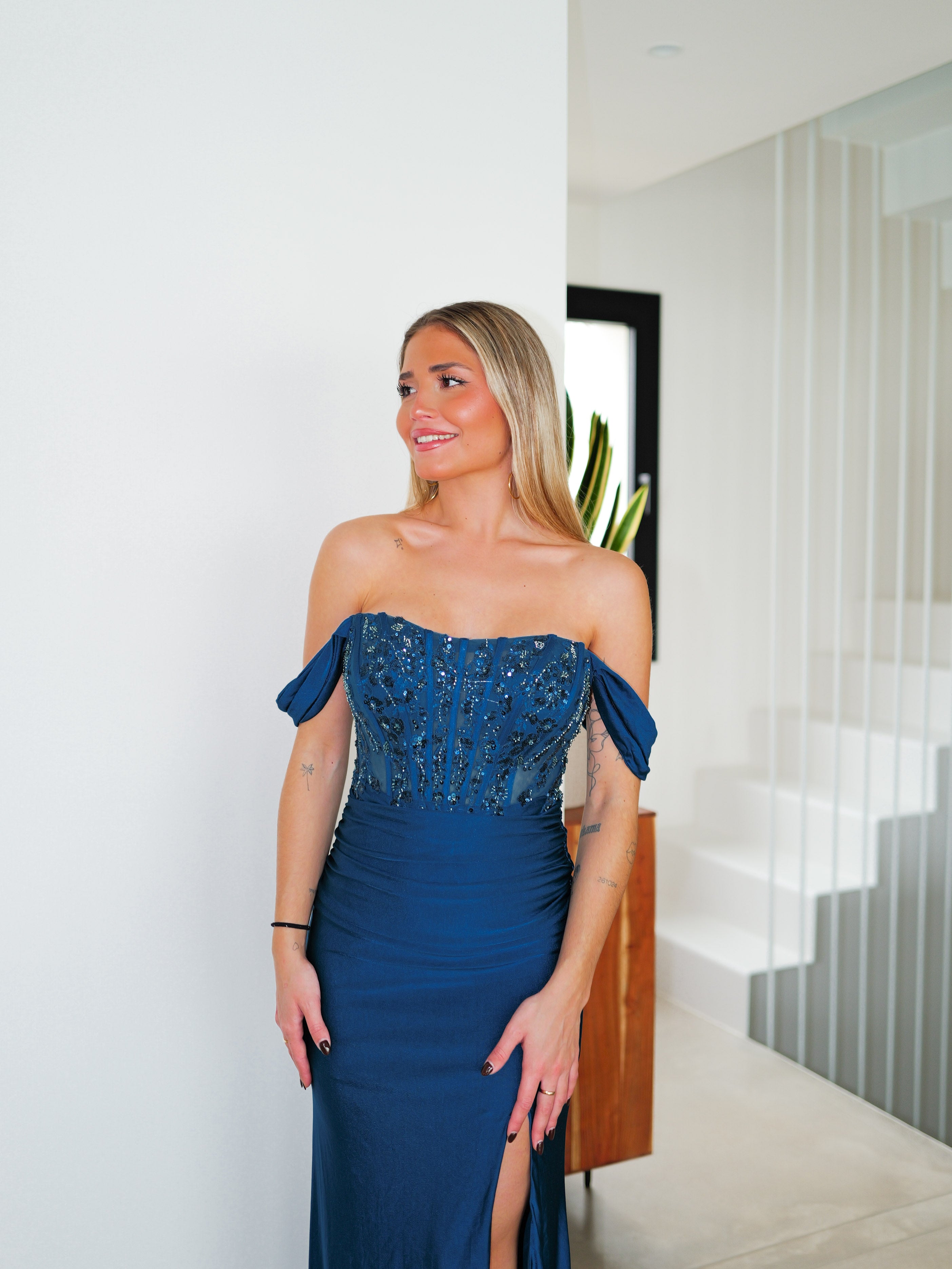 Corset dress with rhinestones detail sleeves TEAL