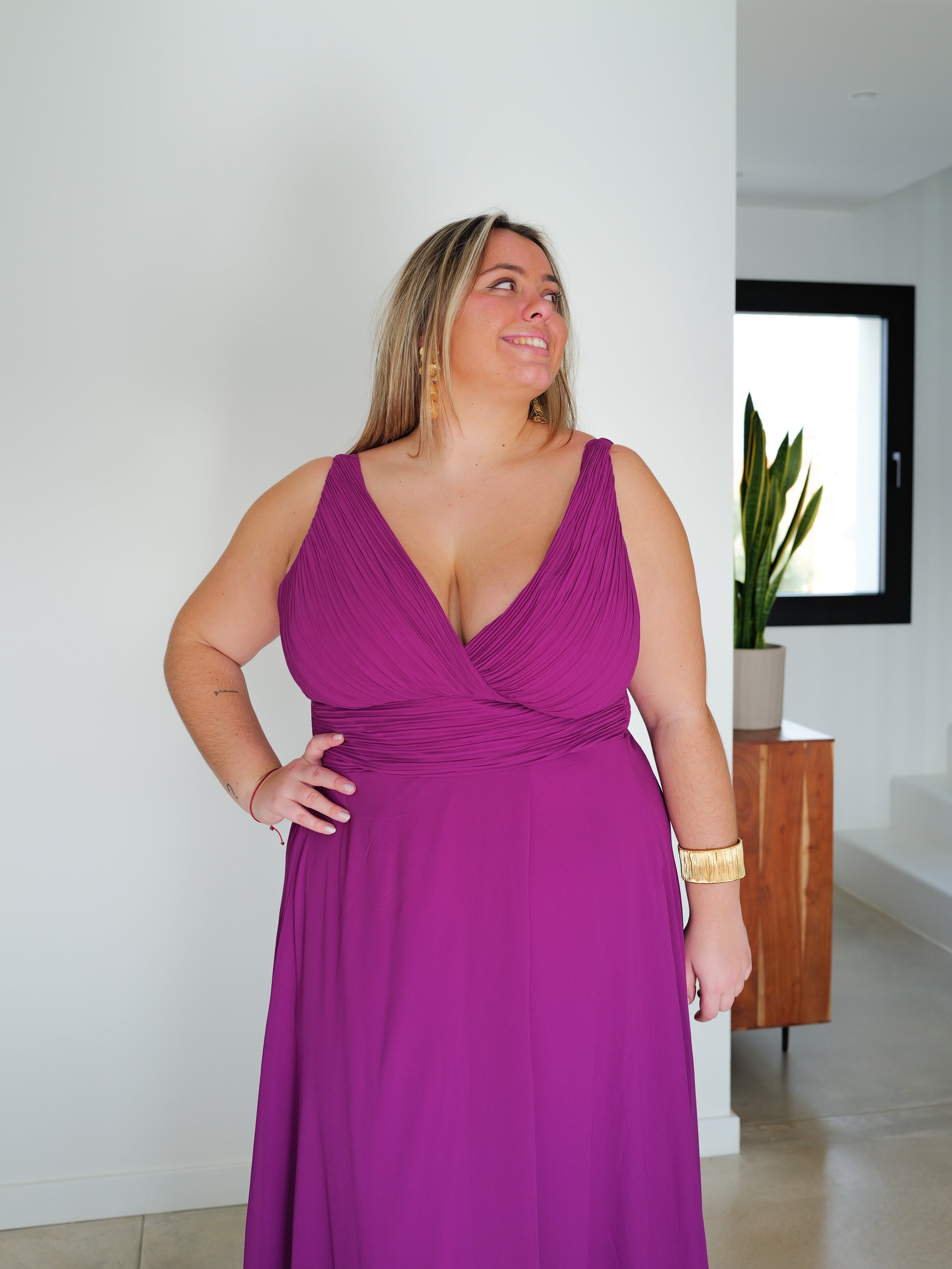 Draped V-neck long dress BOUGAINVILLEA