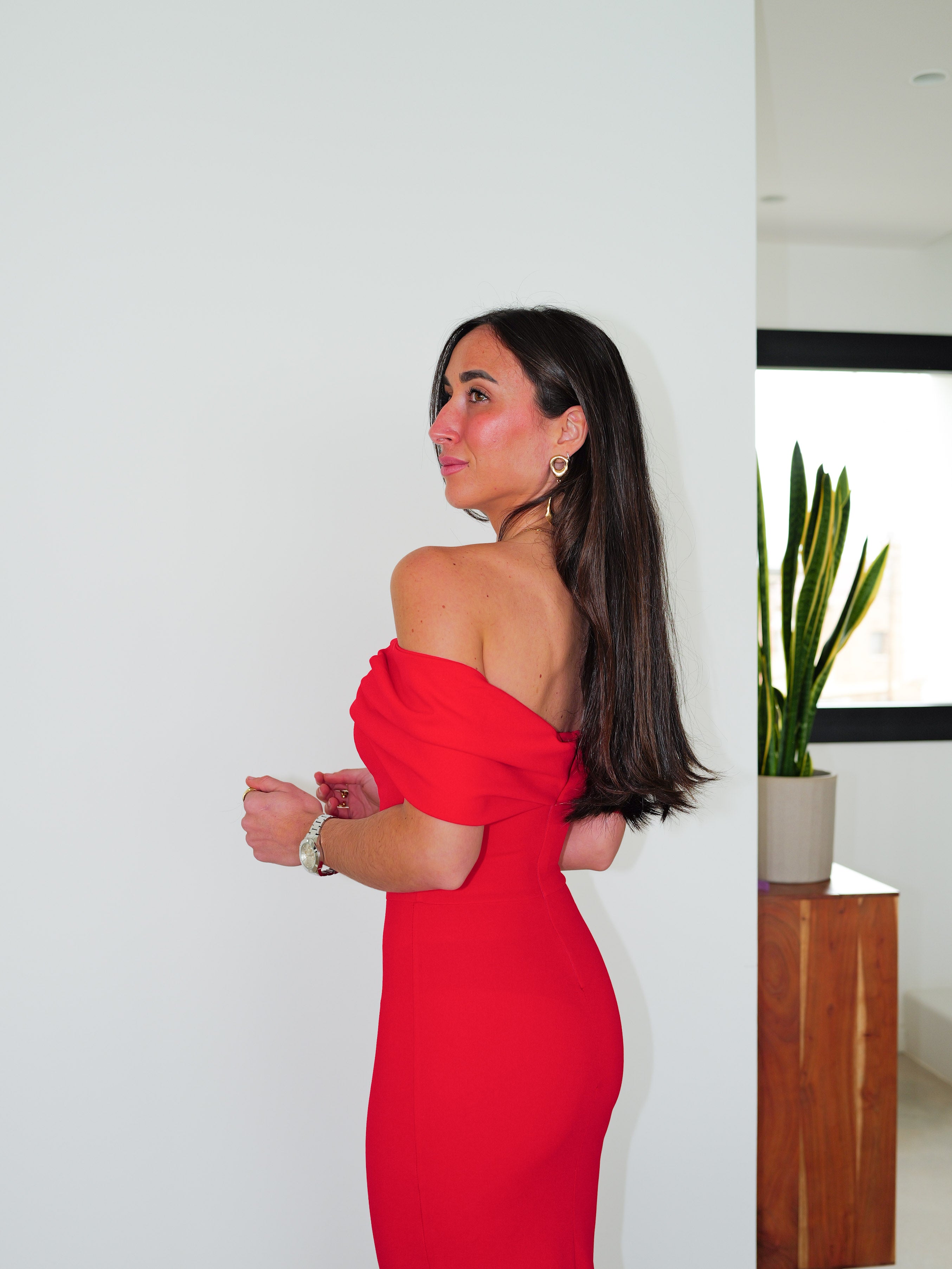 Red bow effect bardot dress