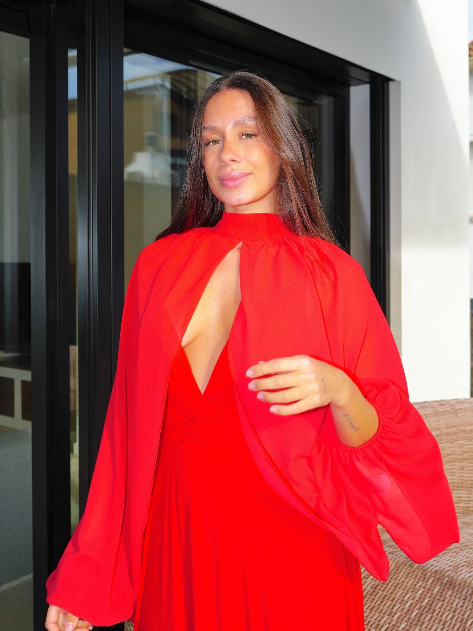 Shawl sleeves cape red bow