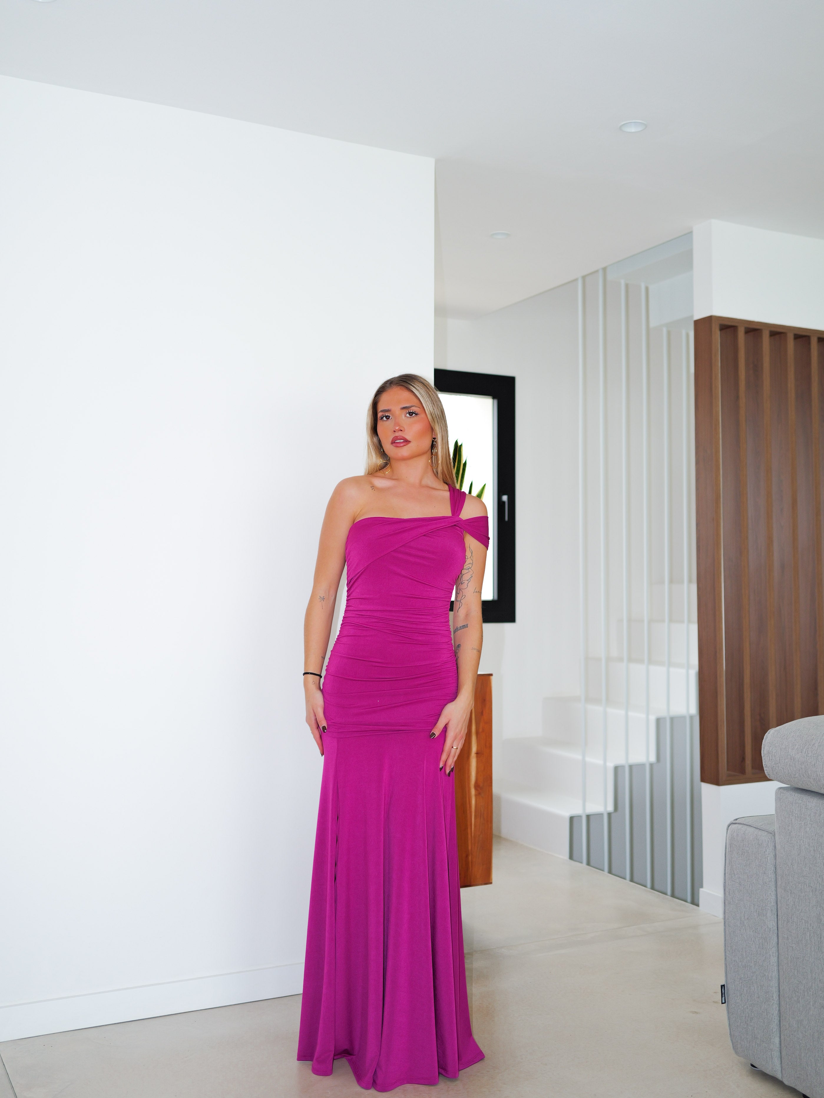 Asym dress with knotted straps BOUGAINVILLEA