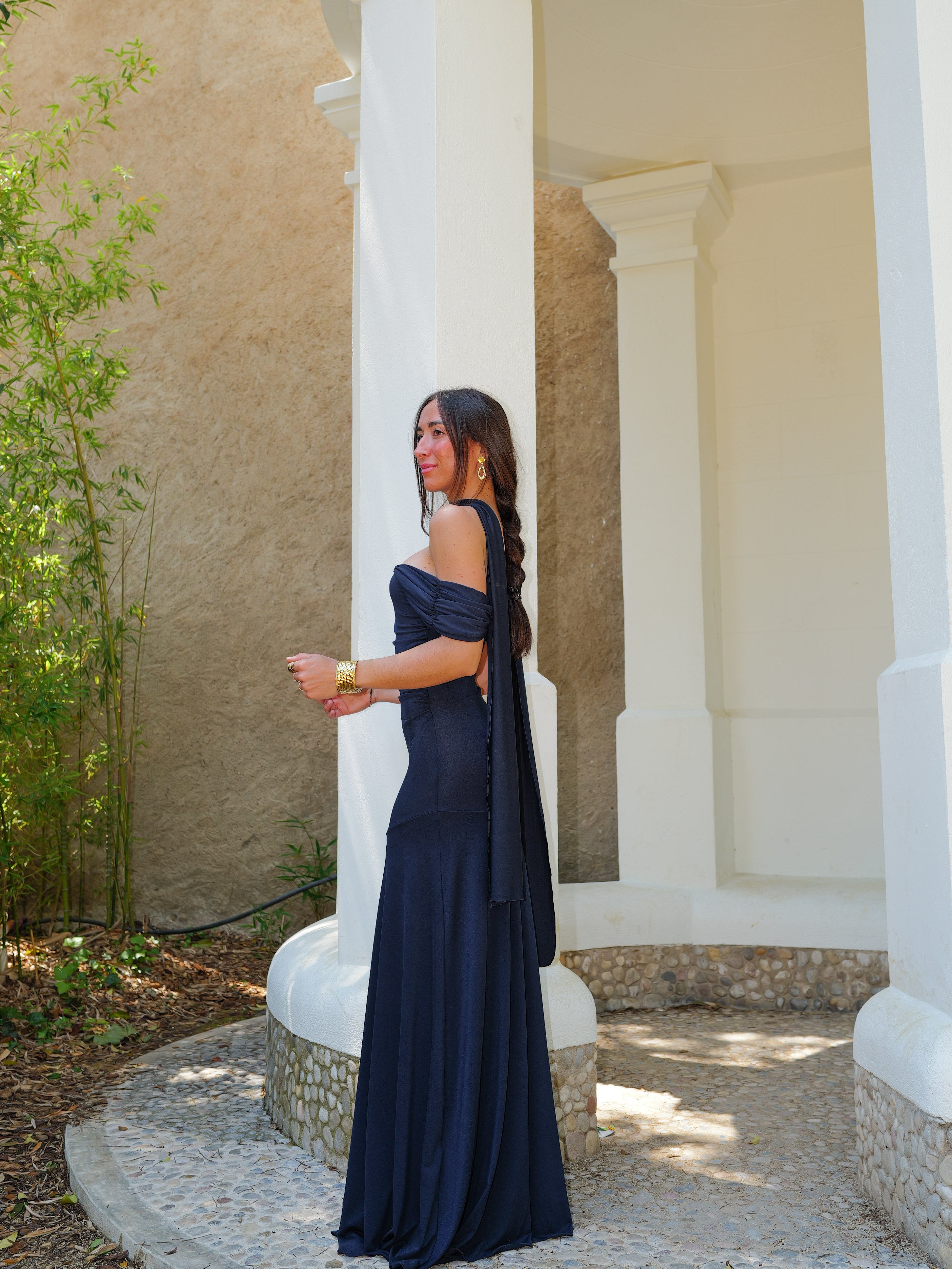 Choker dress with navy sleeves