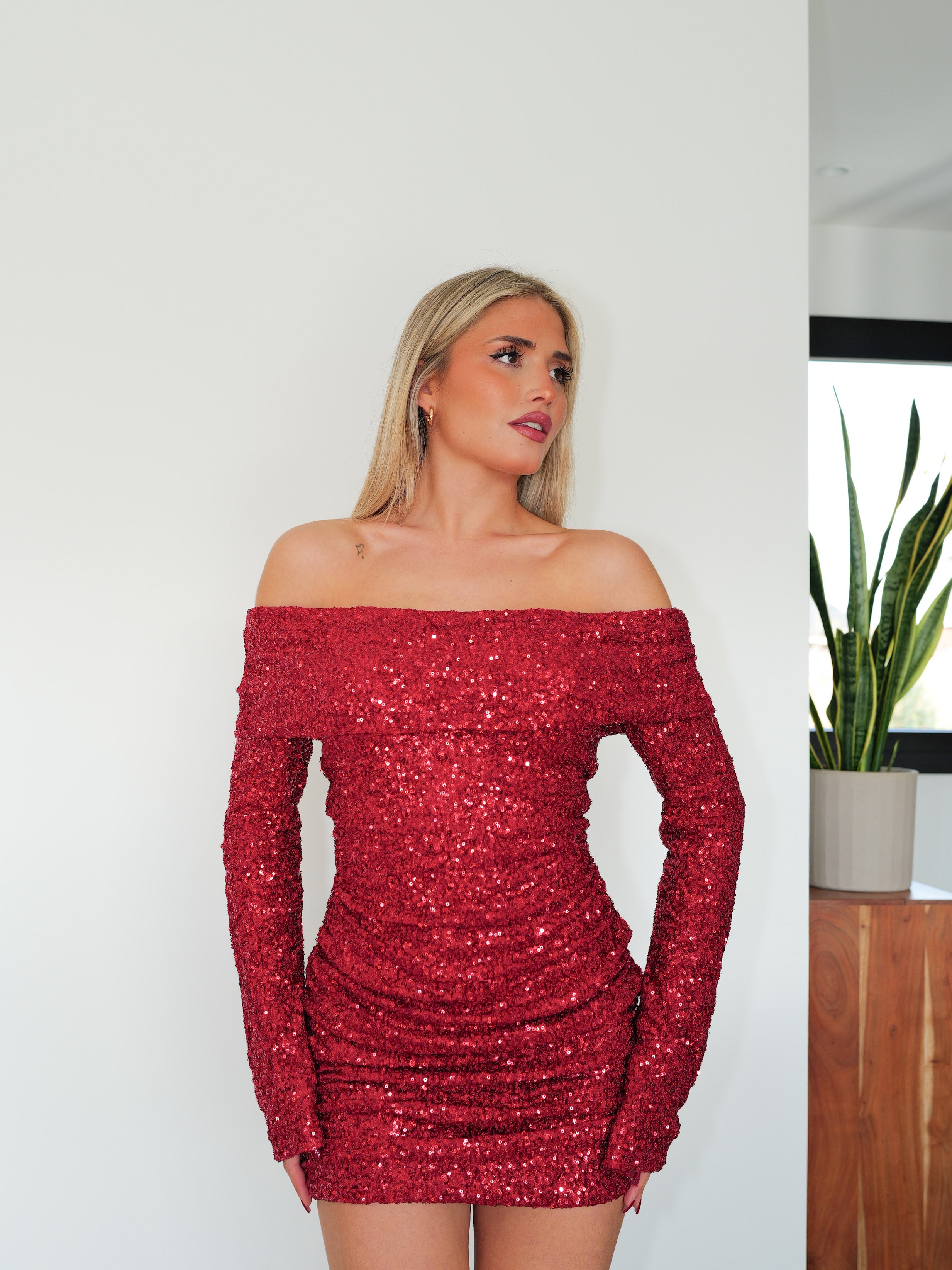 Red glitter bardot dress