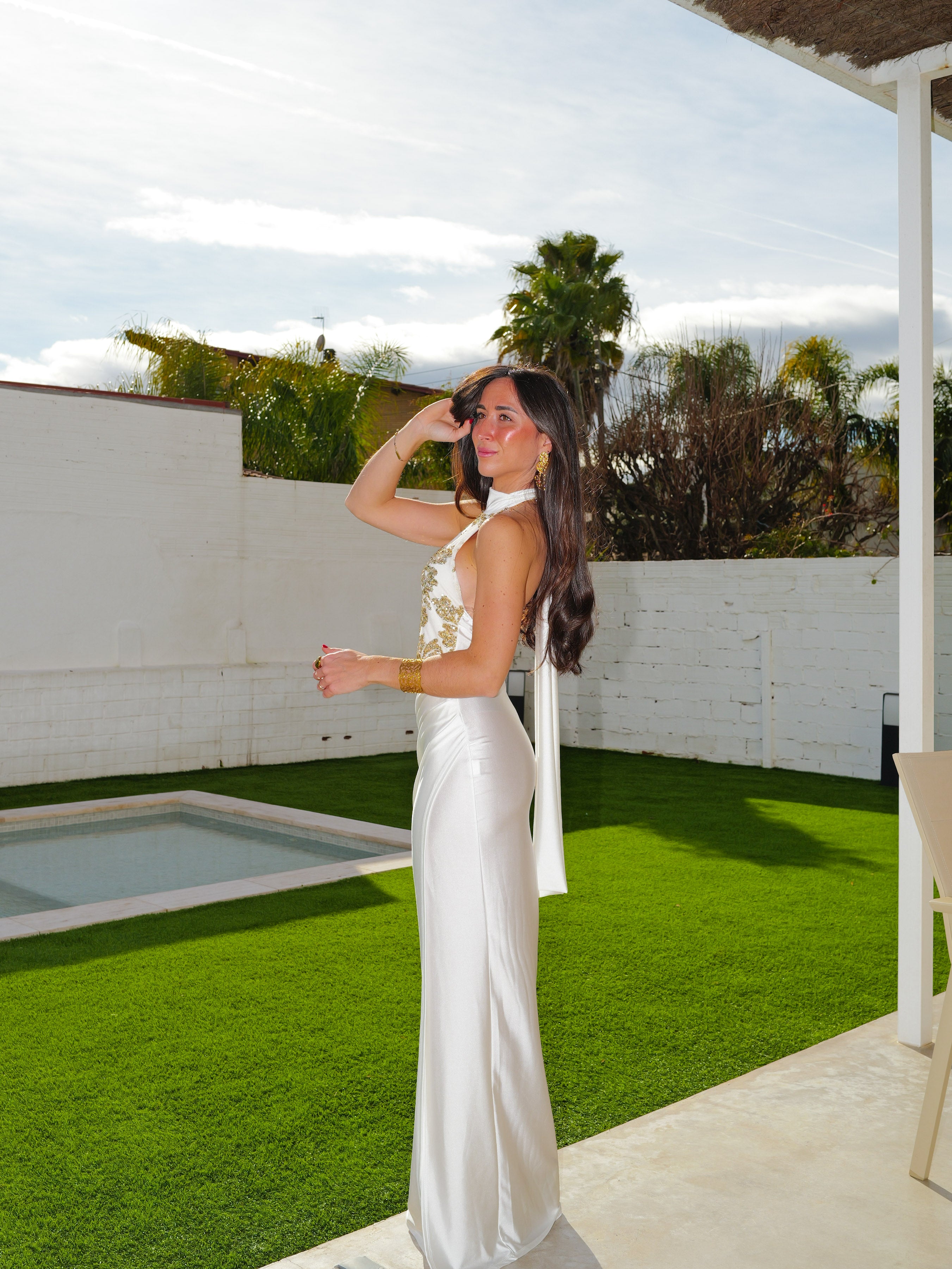 Long cream halter choker dress