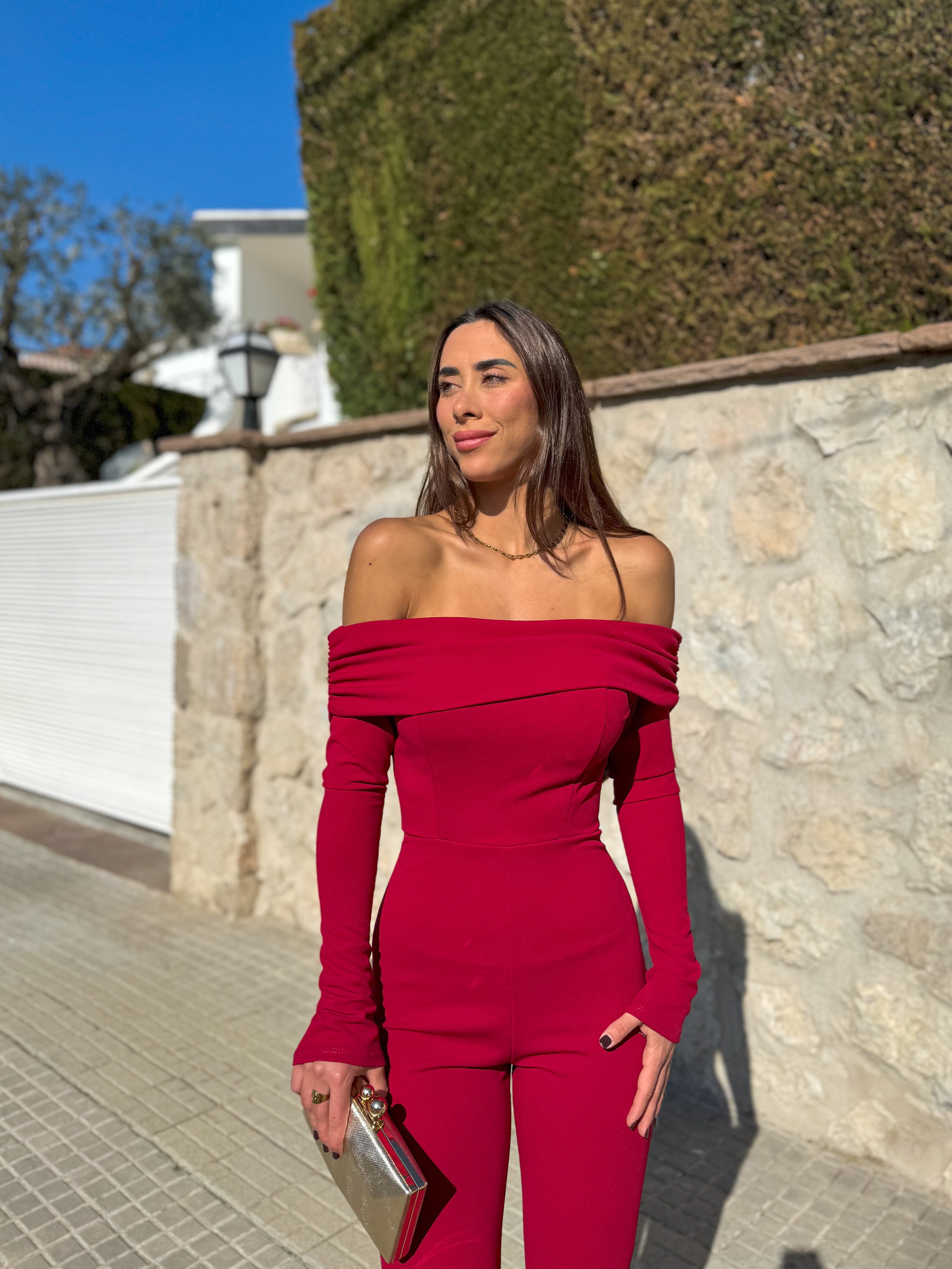 Burgundy double bardot Jumpsuit