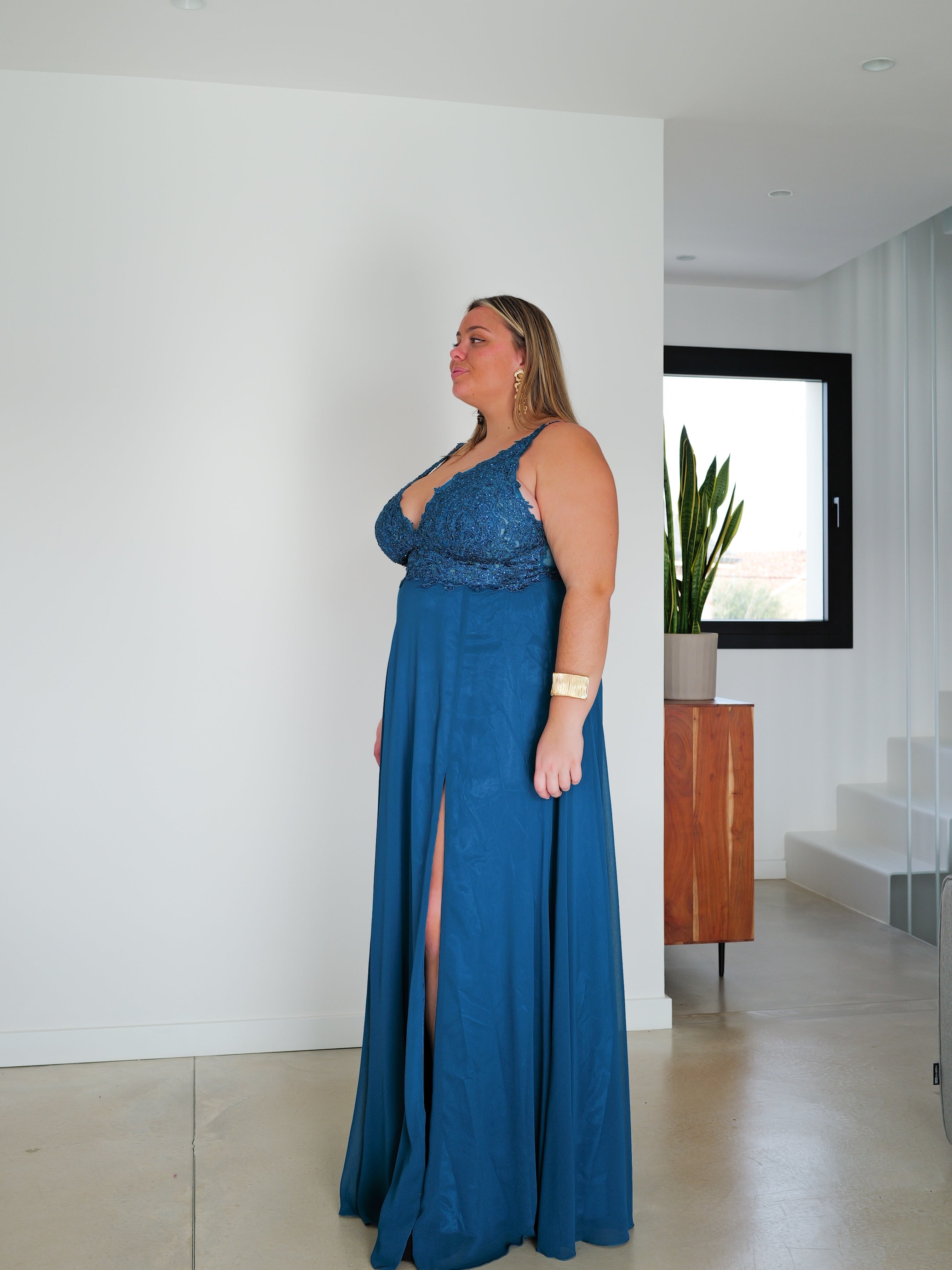 Long dress with V-neckline with rhinestones TEAL