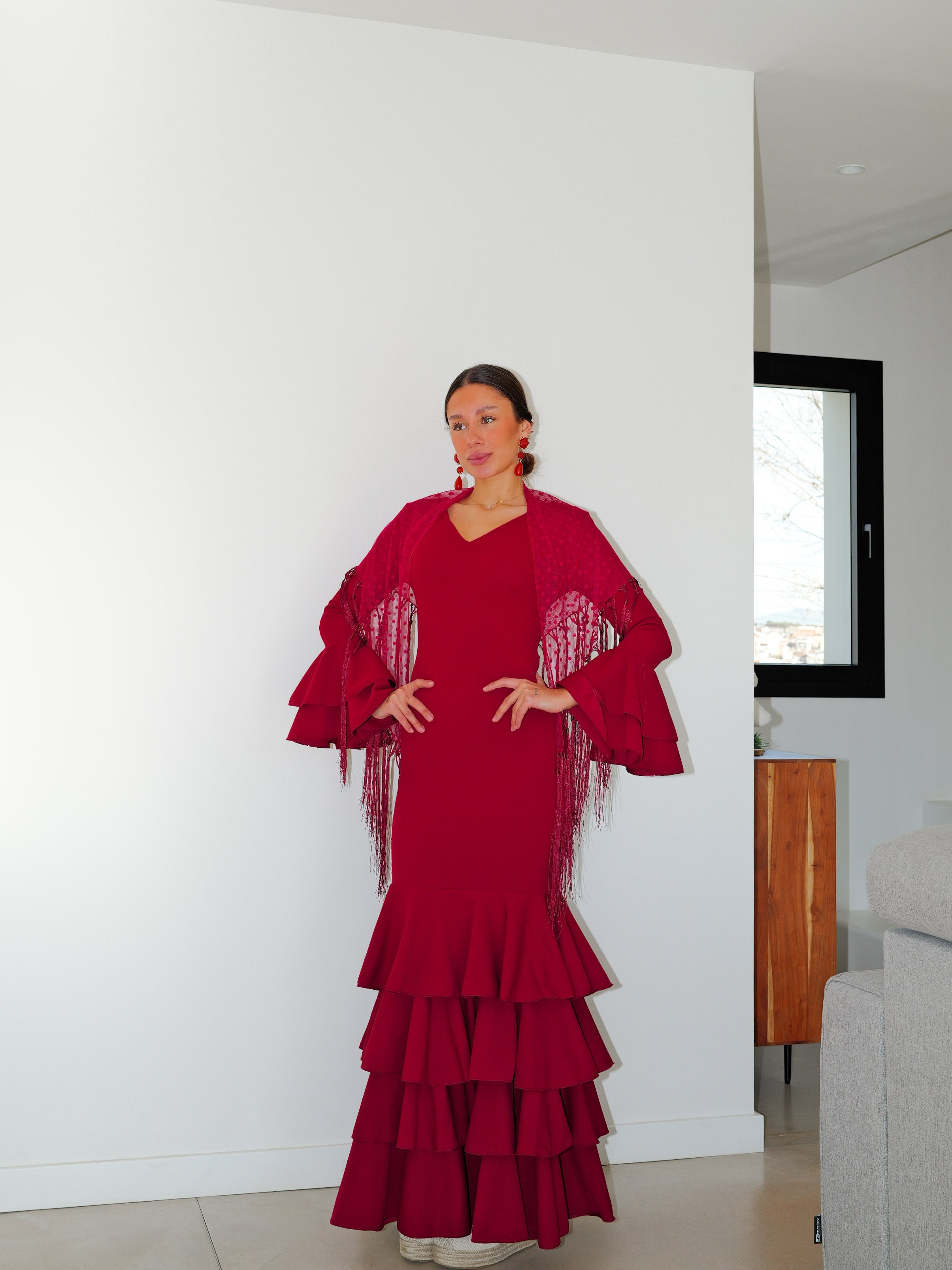 Burgundy polka dot flamenco shawl