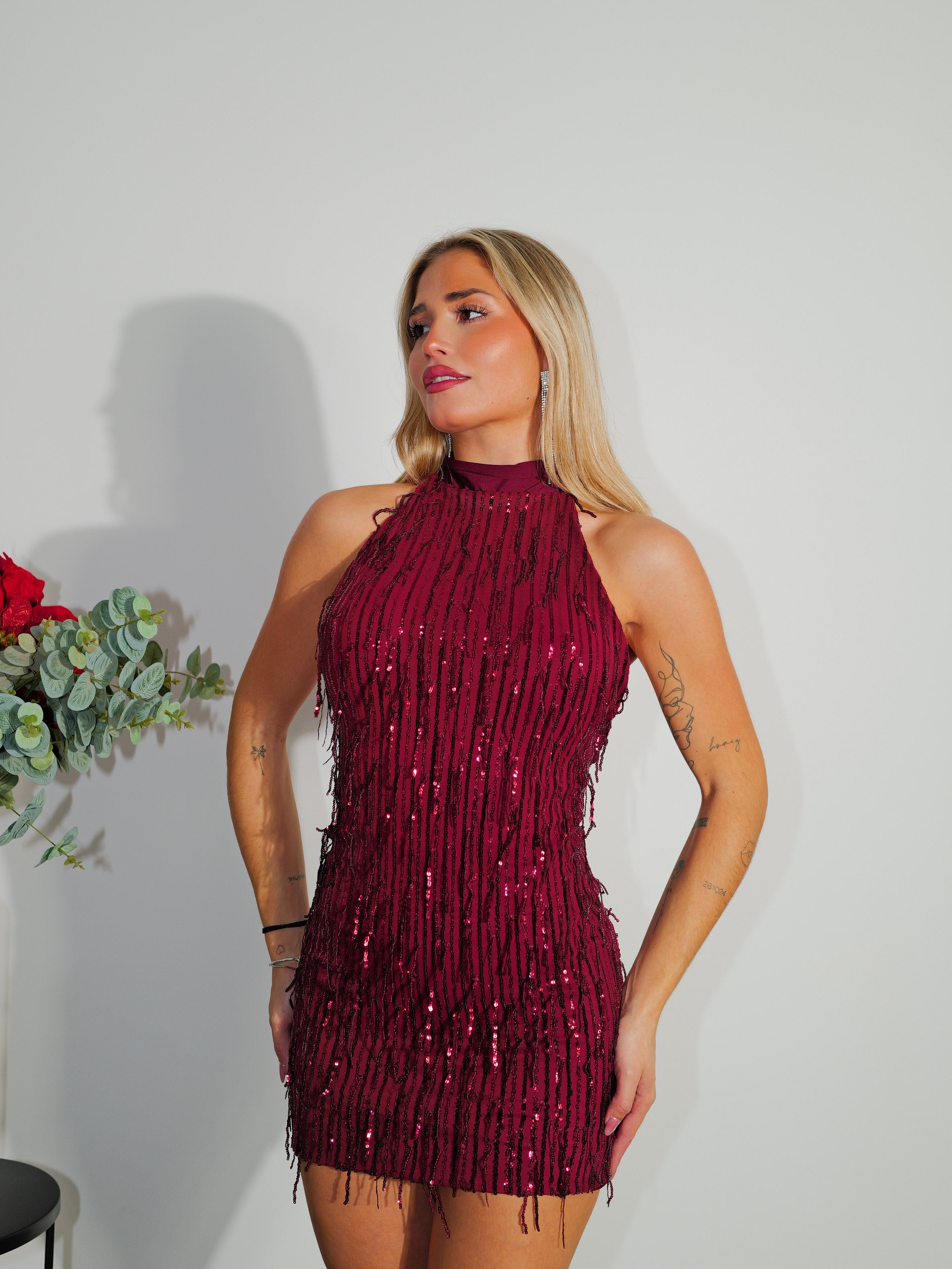 Burgundy fringed glitter mini dress
