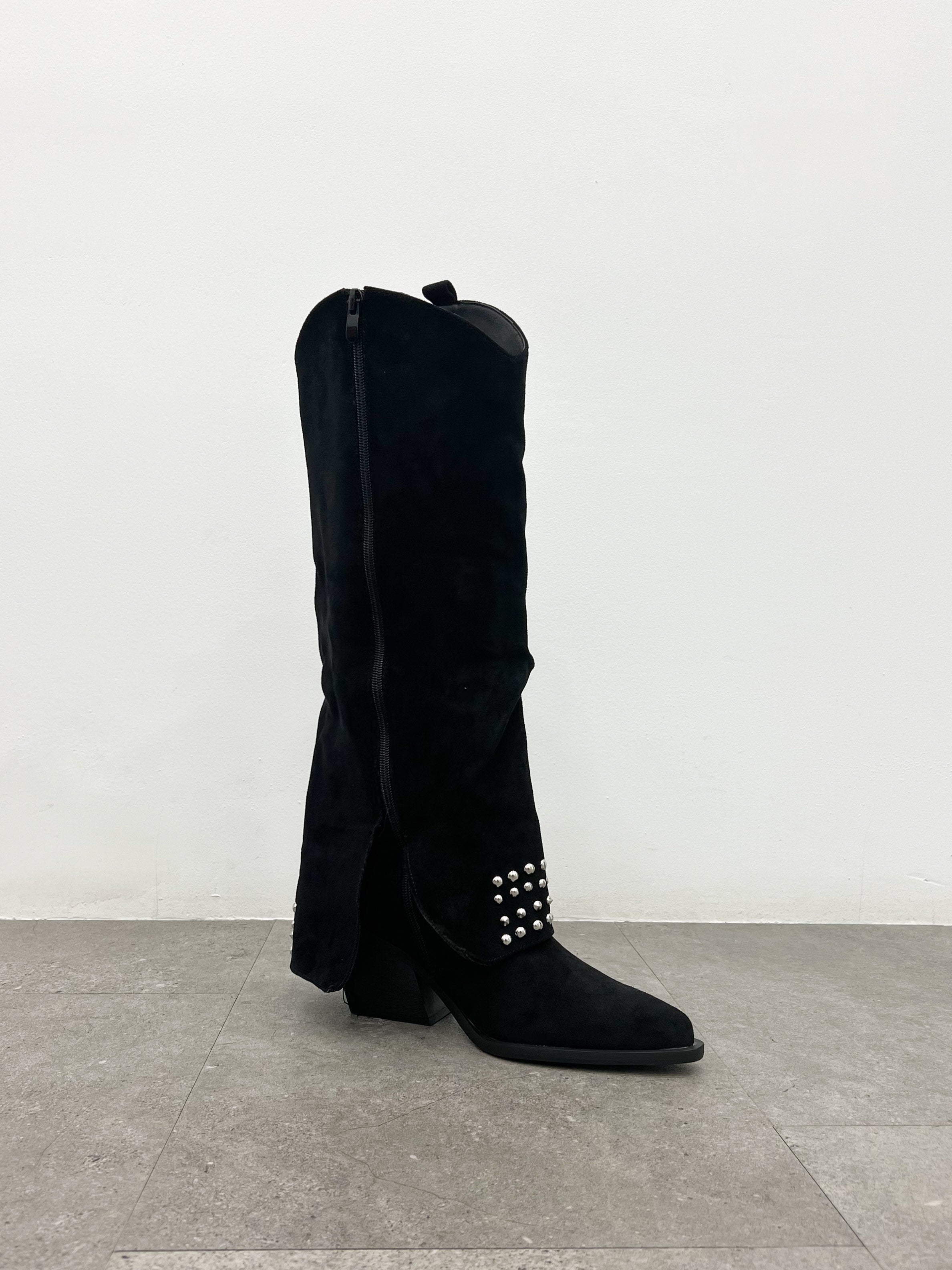 Black suede studded flap boot
