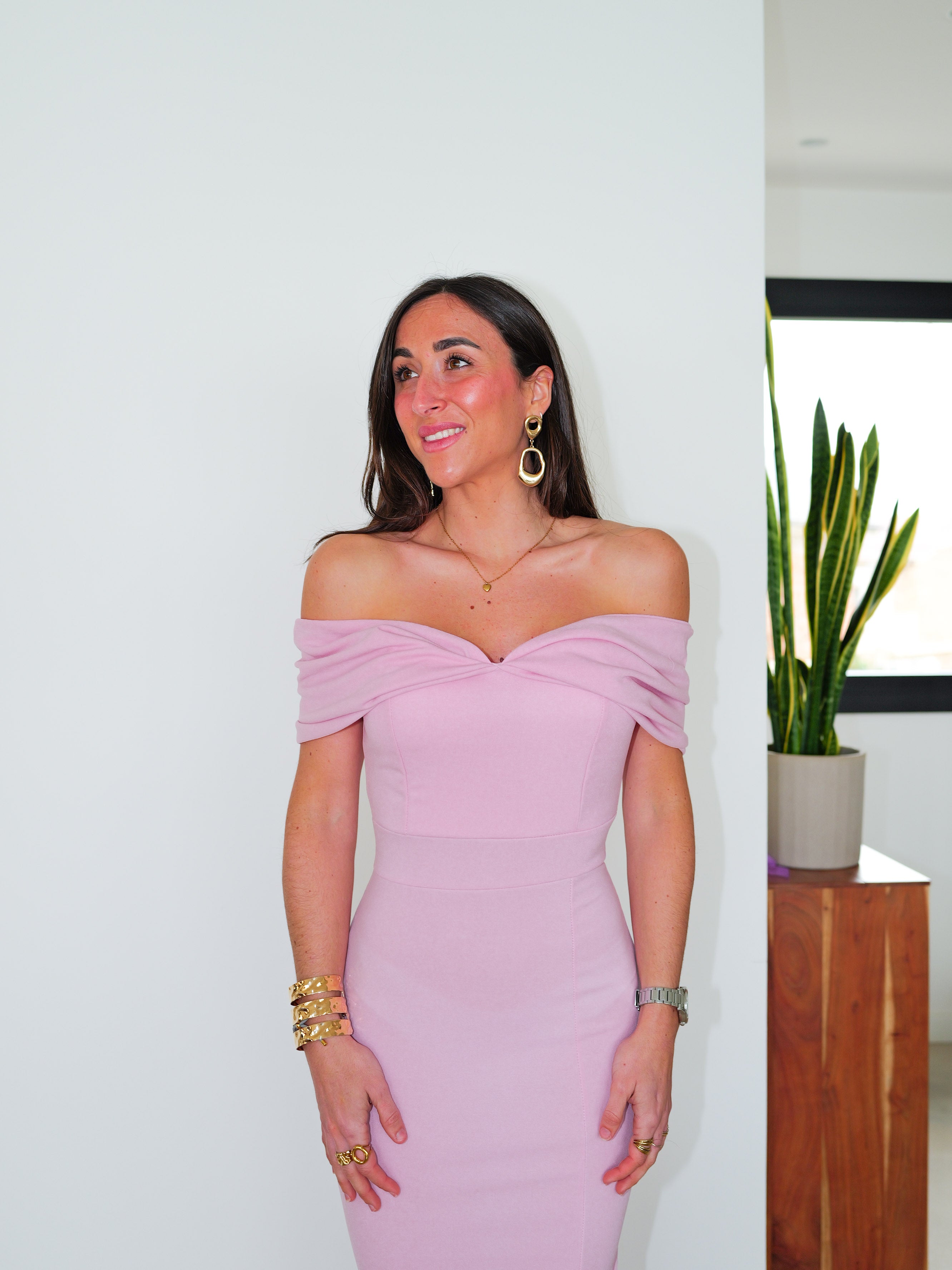 Pink bow effect bardot dress