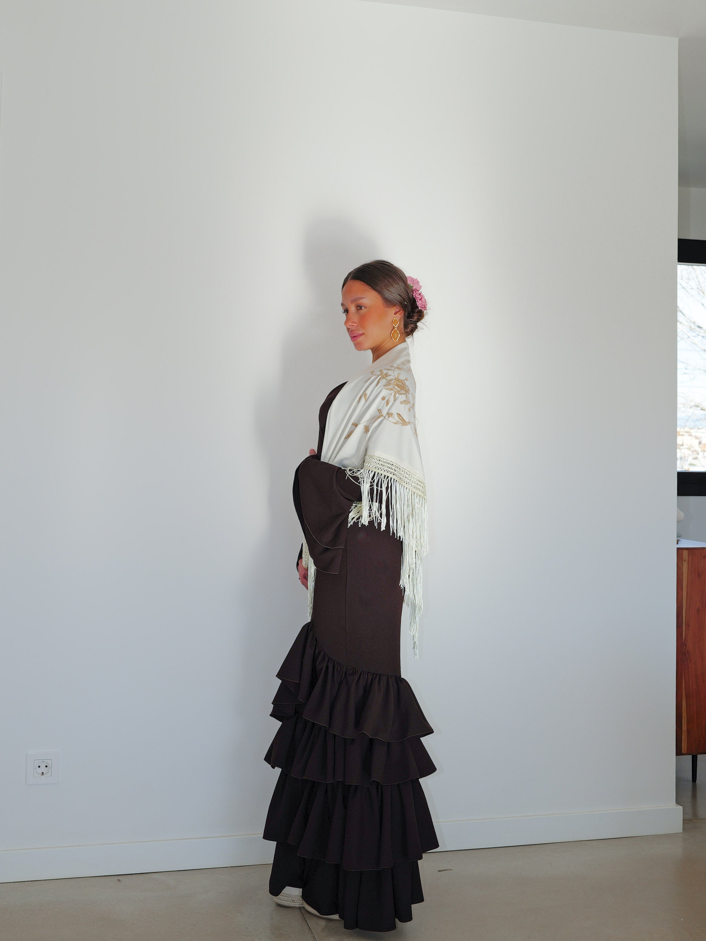 Asymmetrical brown ruffled flamenco dress