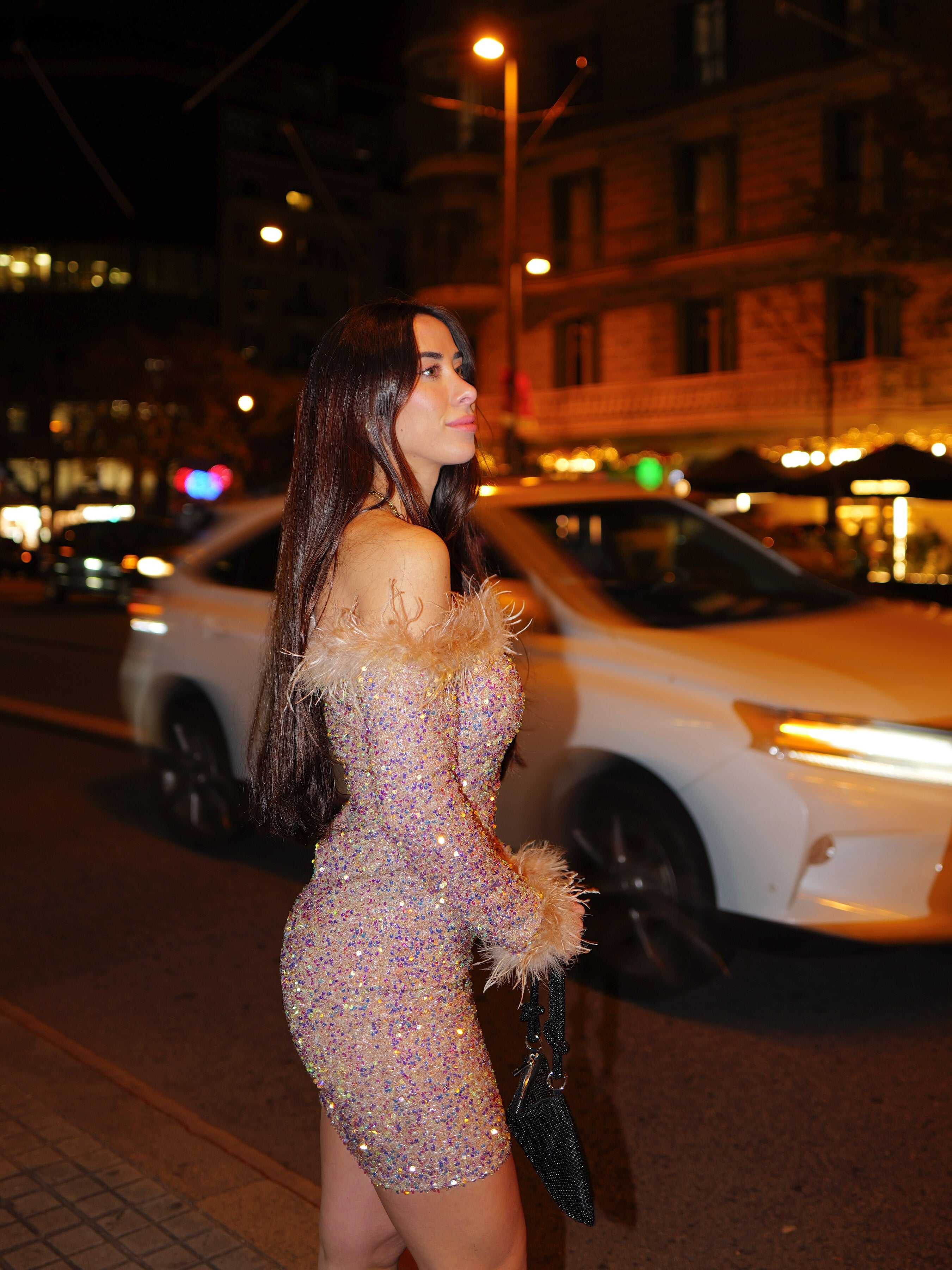 Beige feather glitter bardot dress