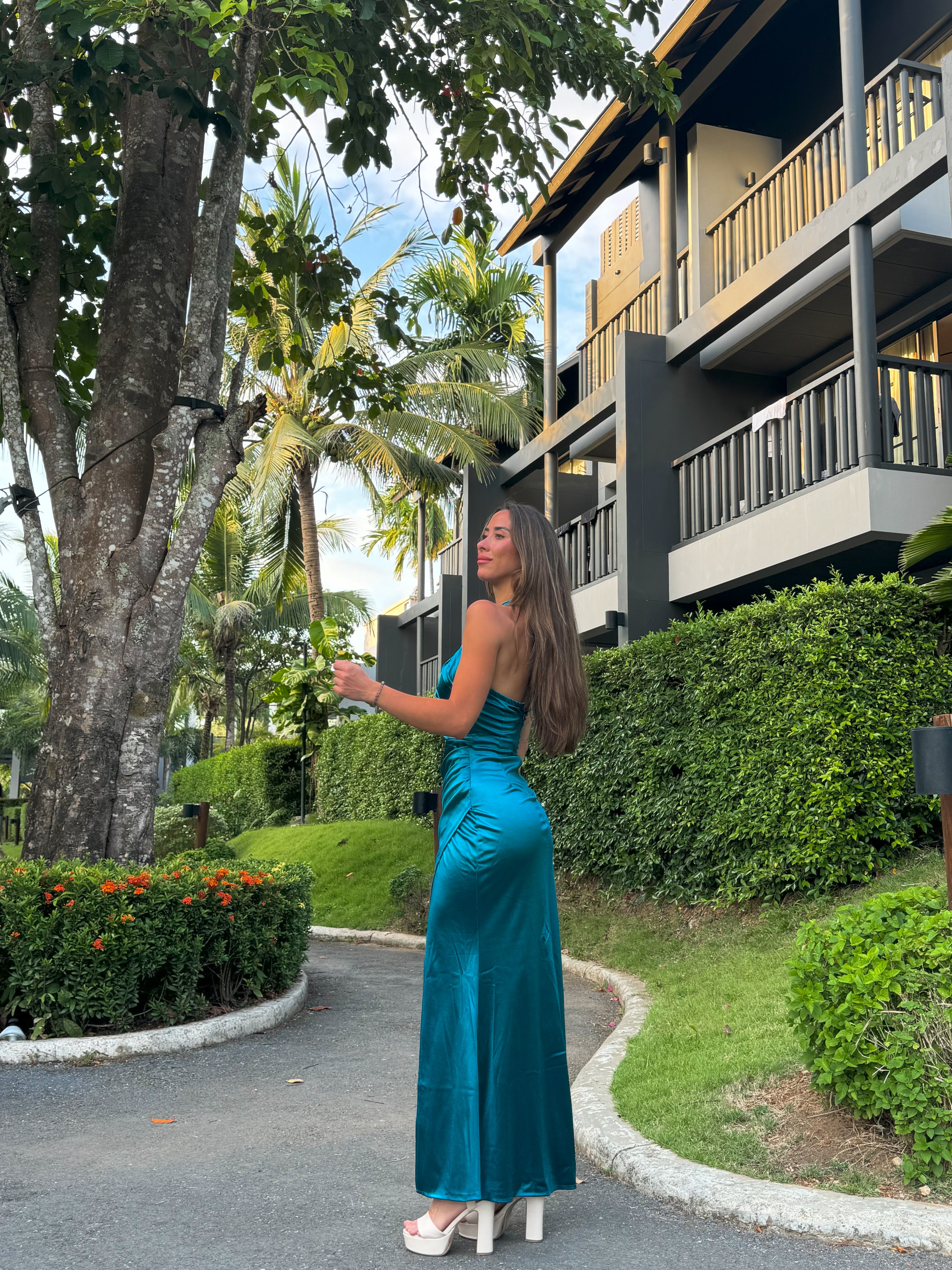 Long draped halter dress TEAL