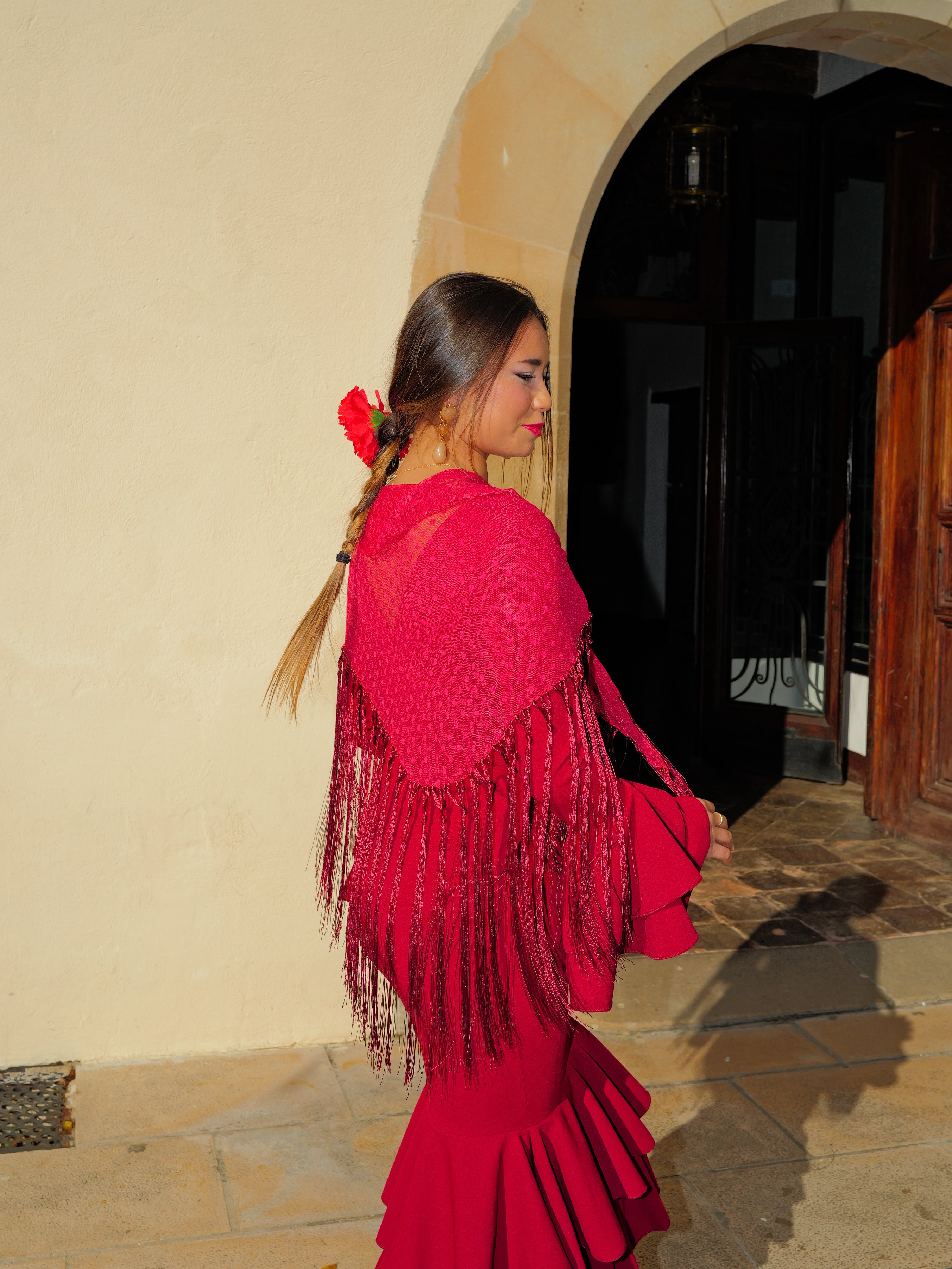 Burgundy polka dot flamenco shawl