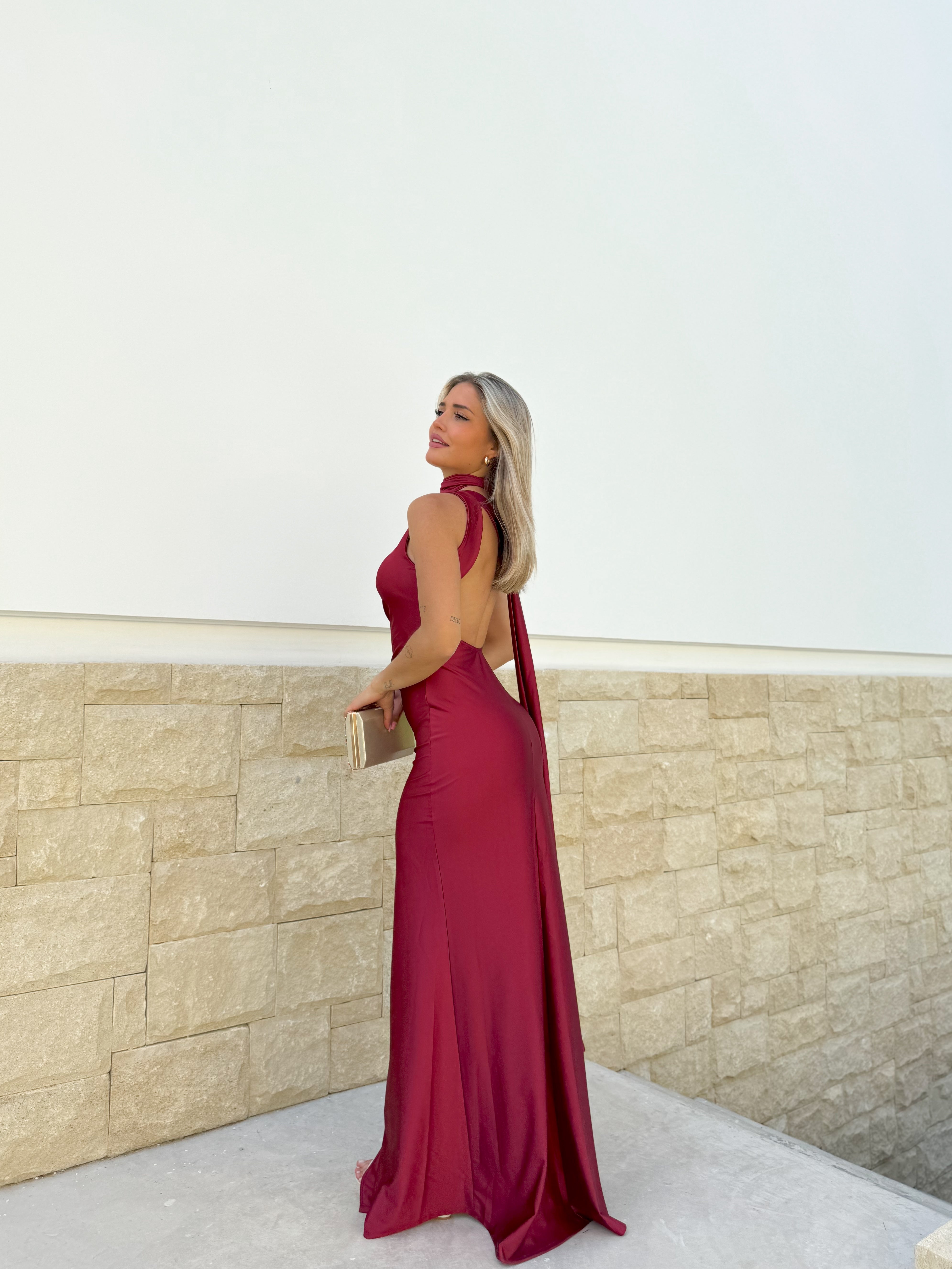 Asym choker dress burgundy back