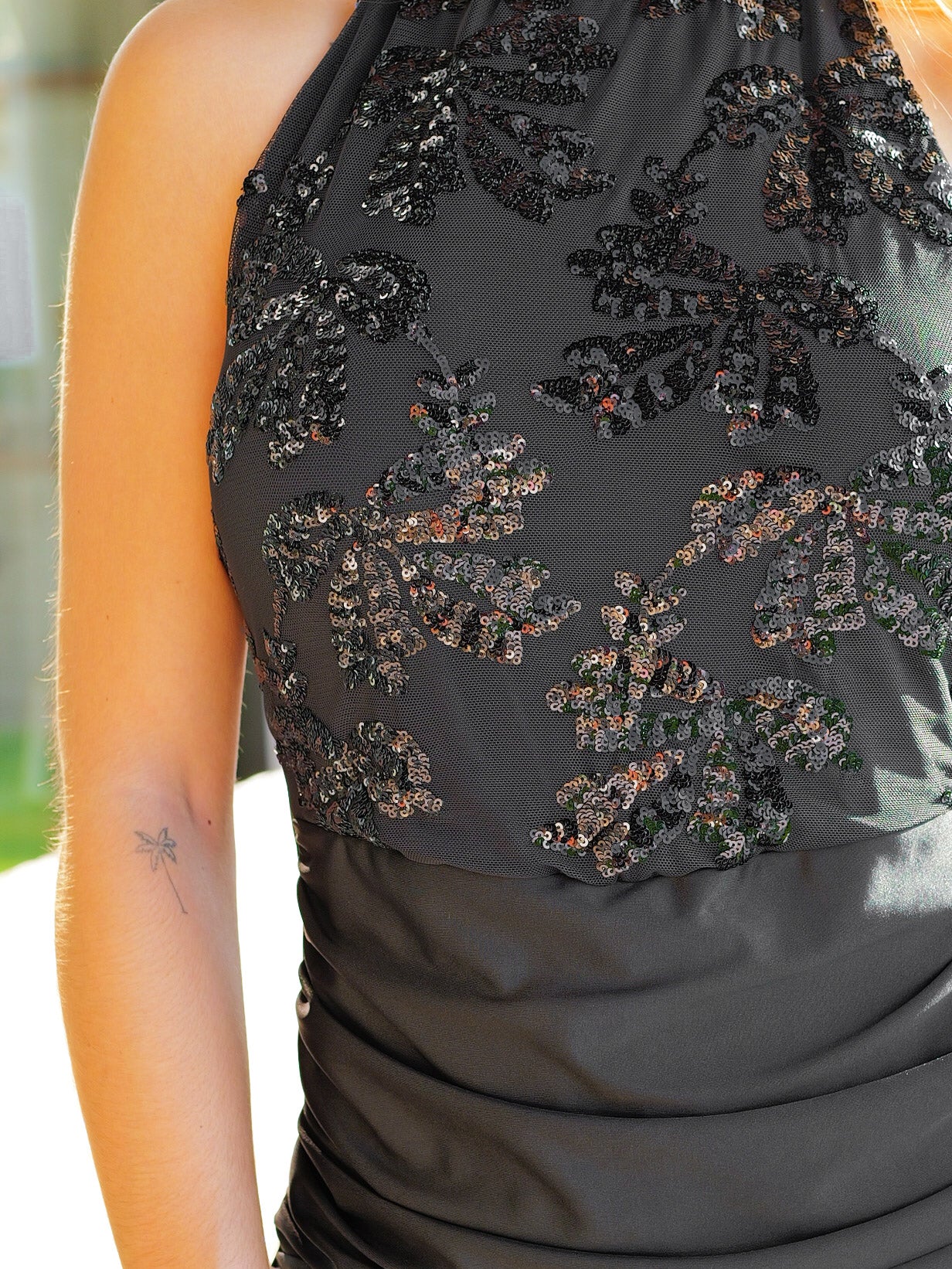 Halter neck Jumpsuit with black tulle details