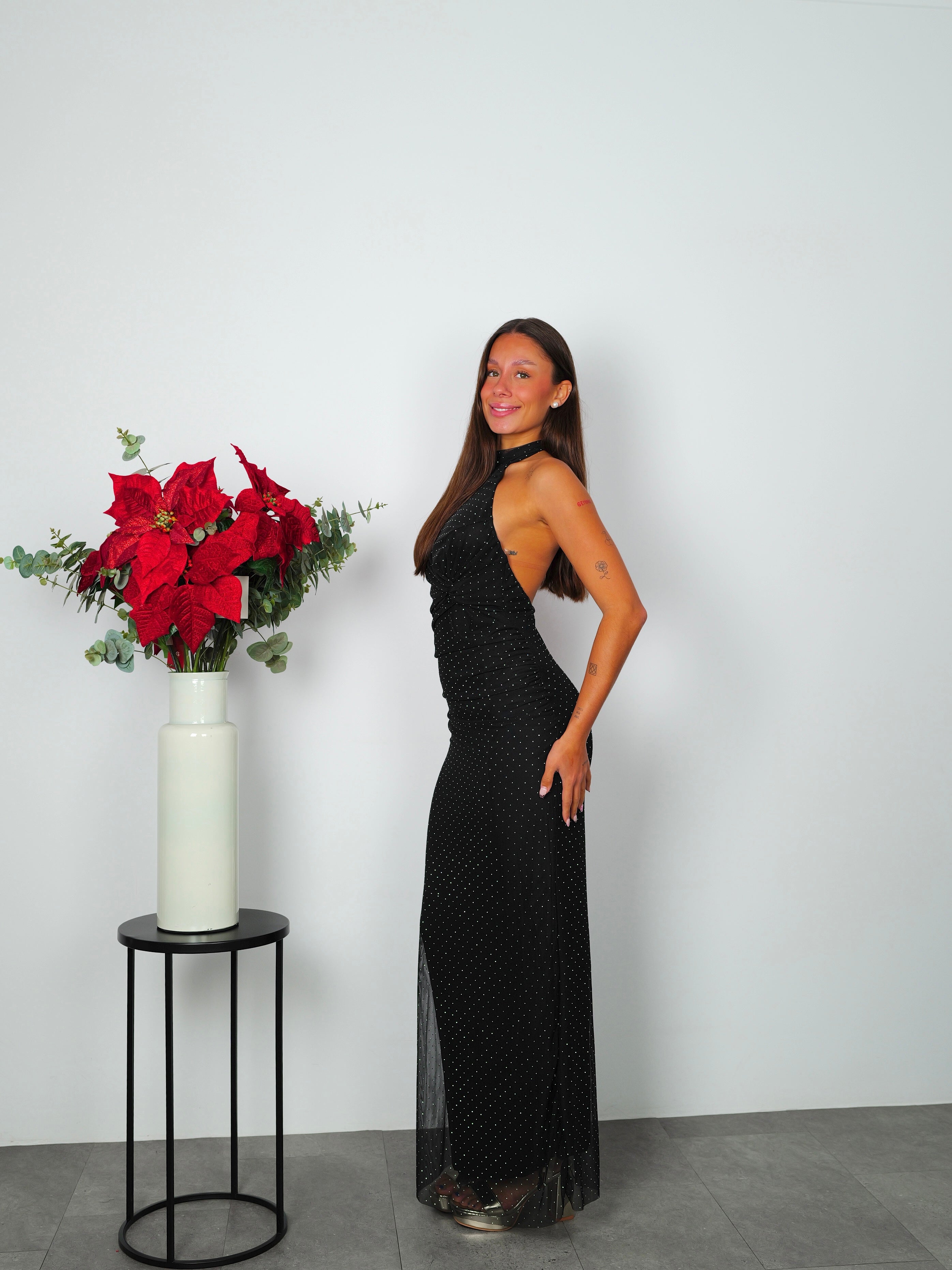 Long halter dress tulle glitter black