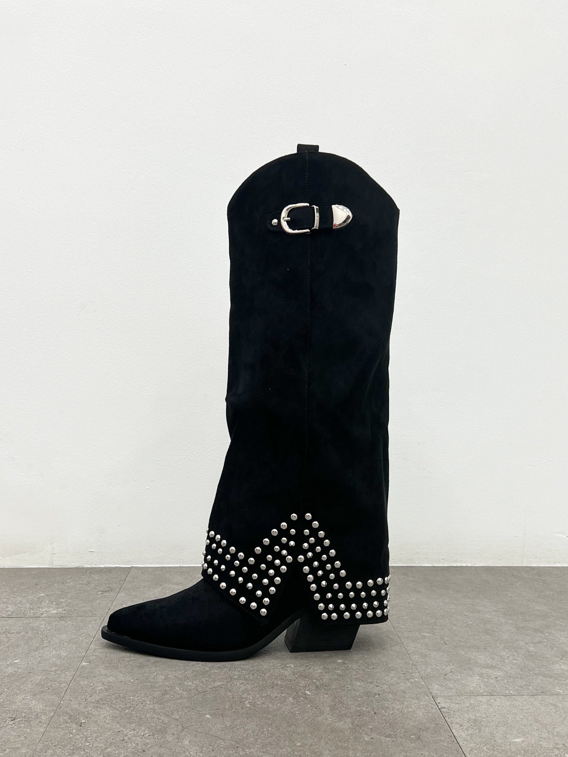 Black suede studded flap boot