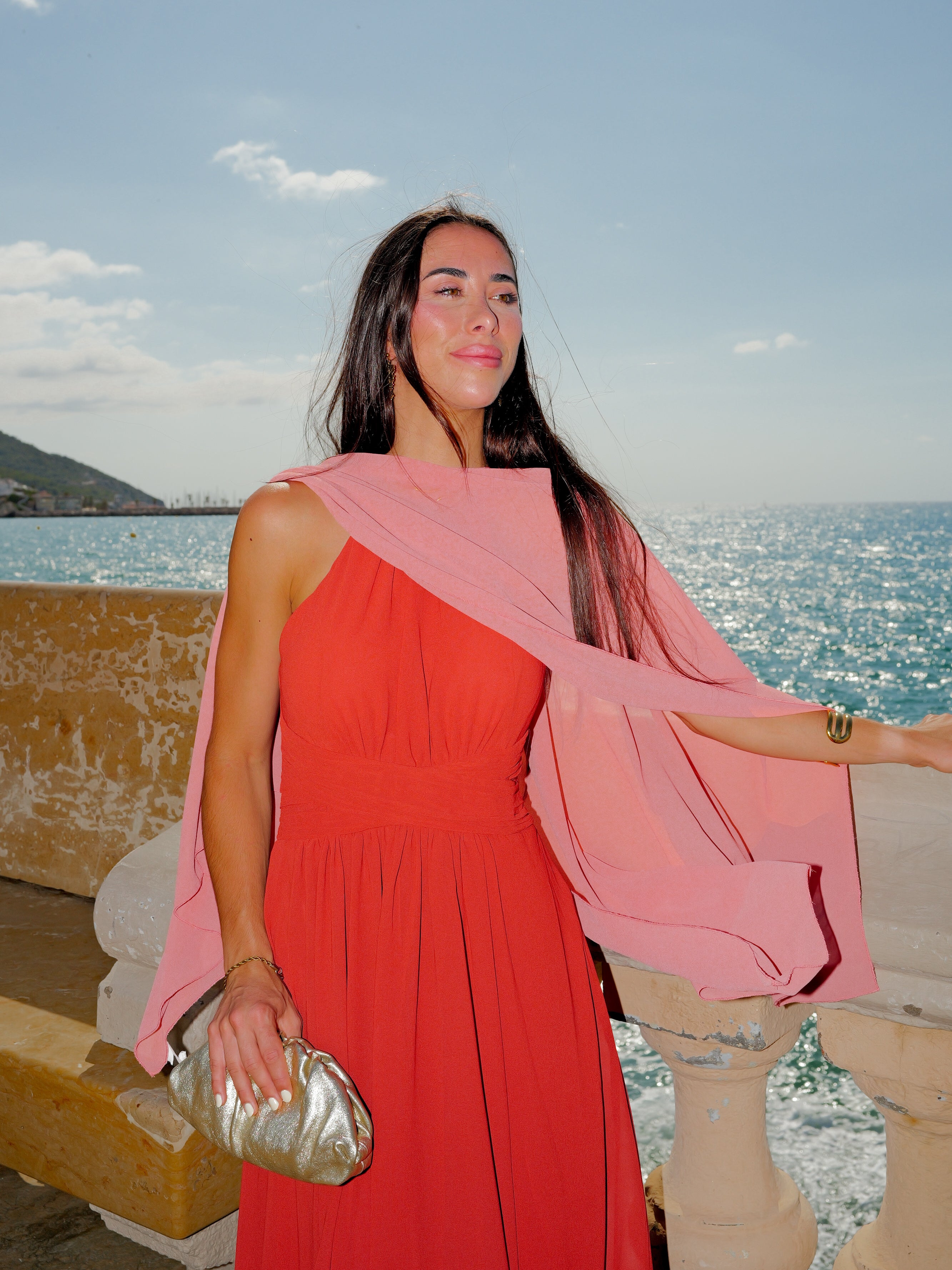 Coral chiffon cape shawl