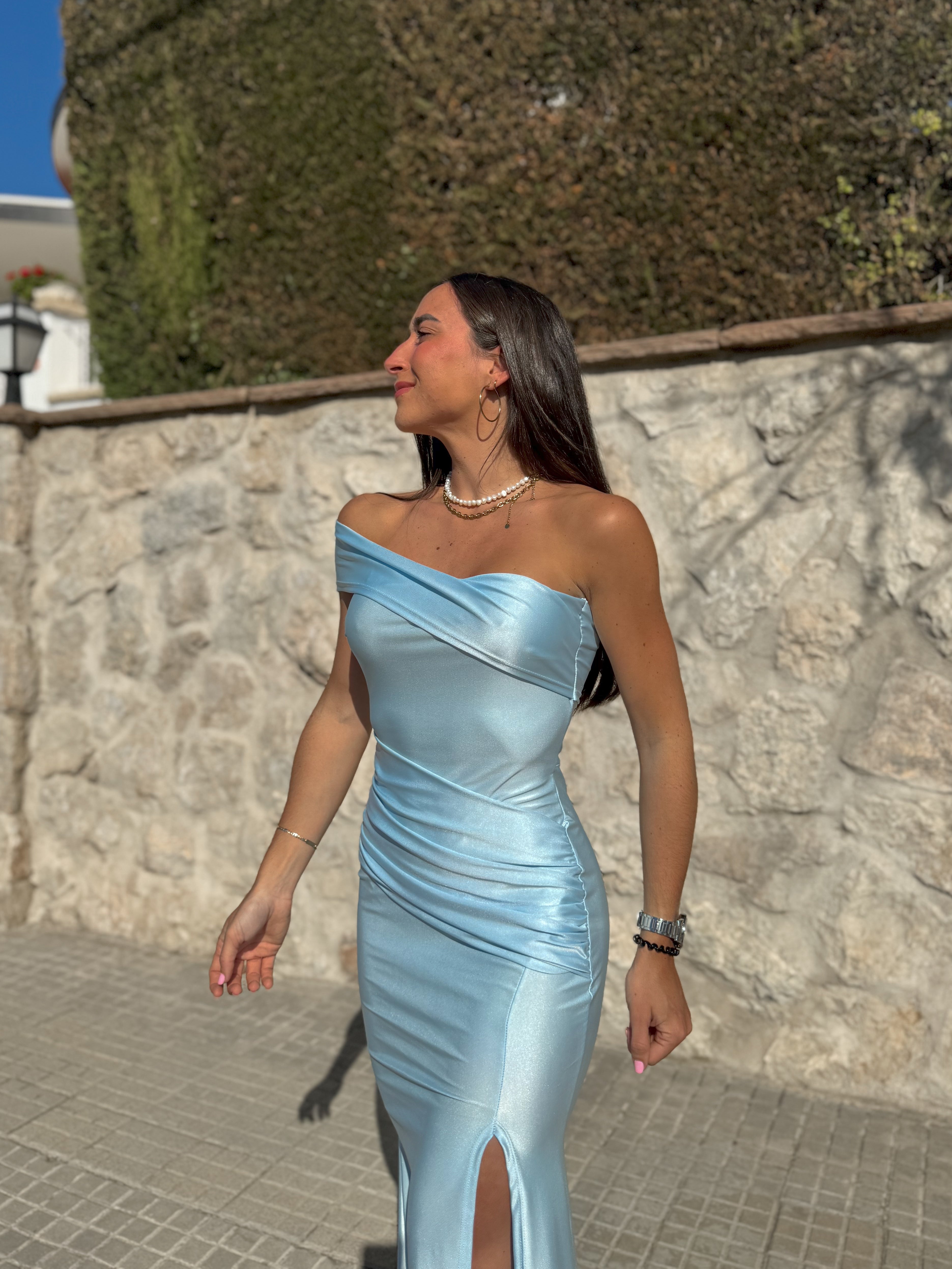 Asymmetrical boat dress sky