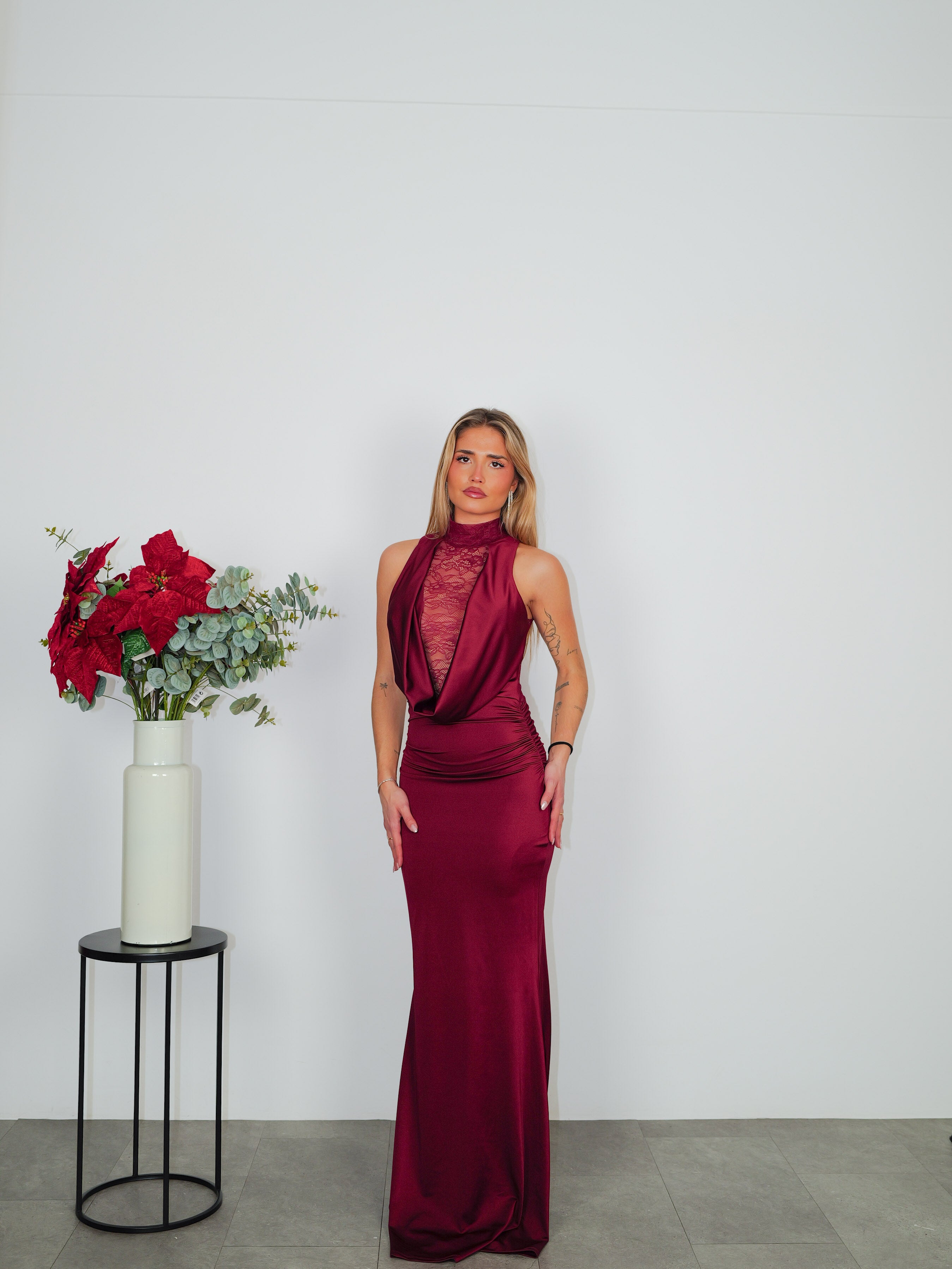 Long burgundy lace neckline waterfall dress