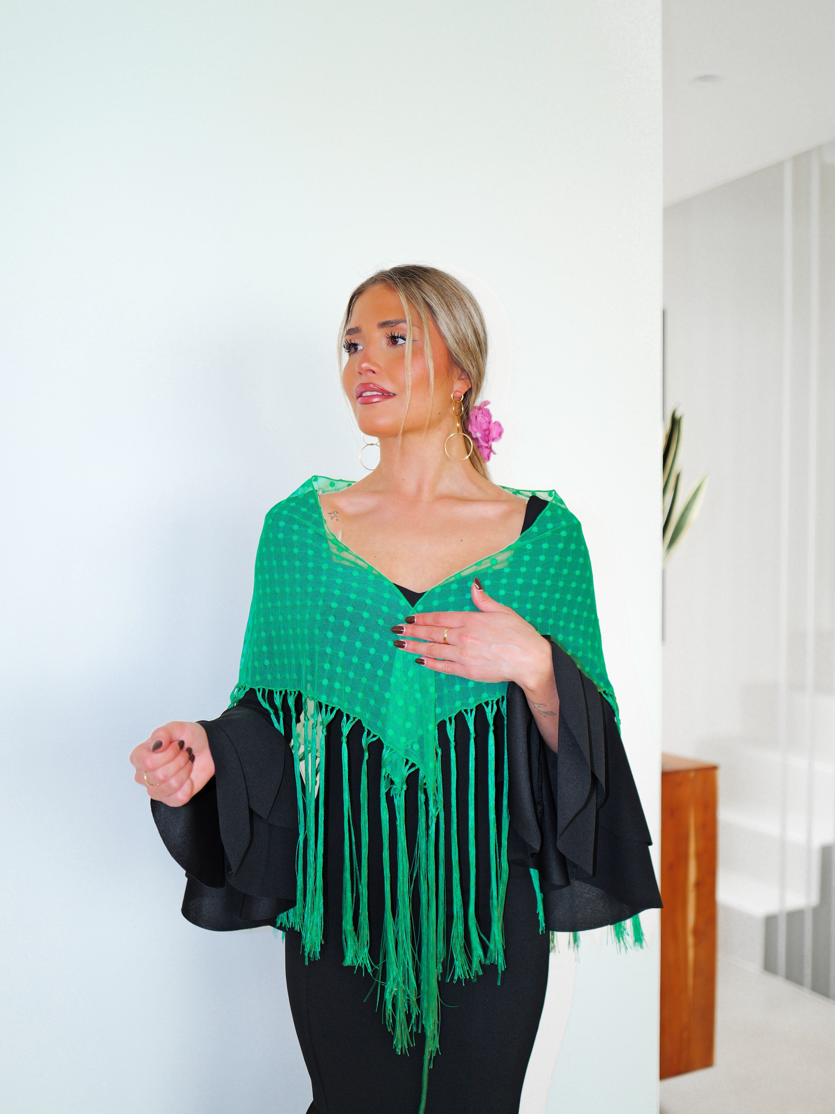 Flamenco shawl with green polka dots