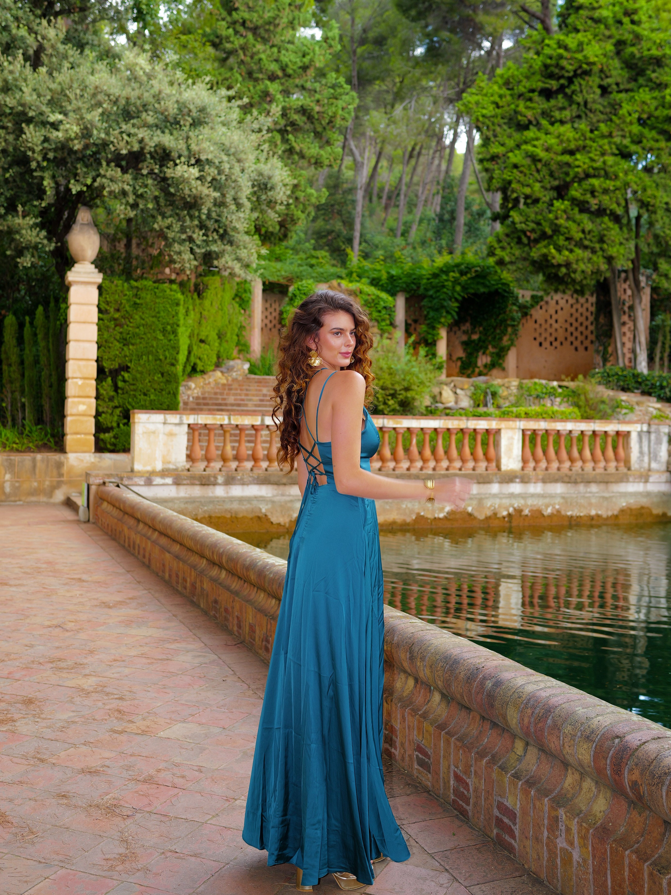 Interlaced satin dress TEAL