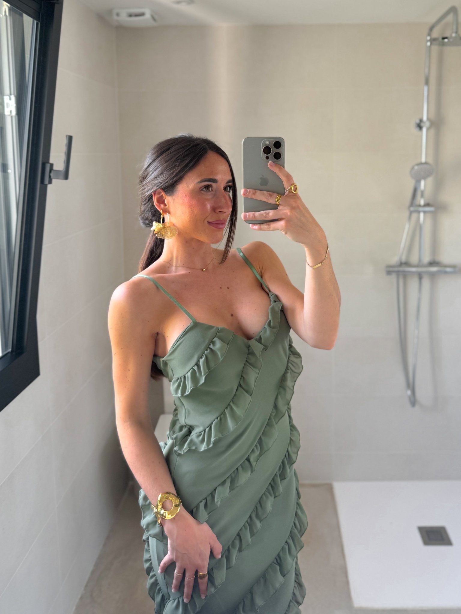 Khaki crepe ruffle dress - SORELLAS