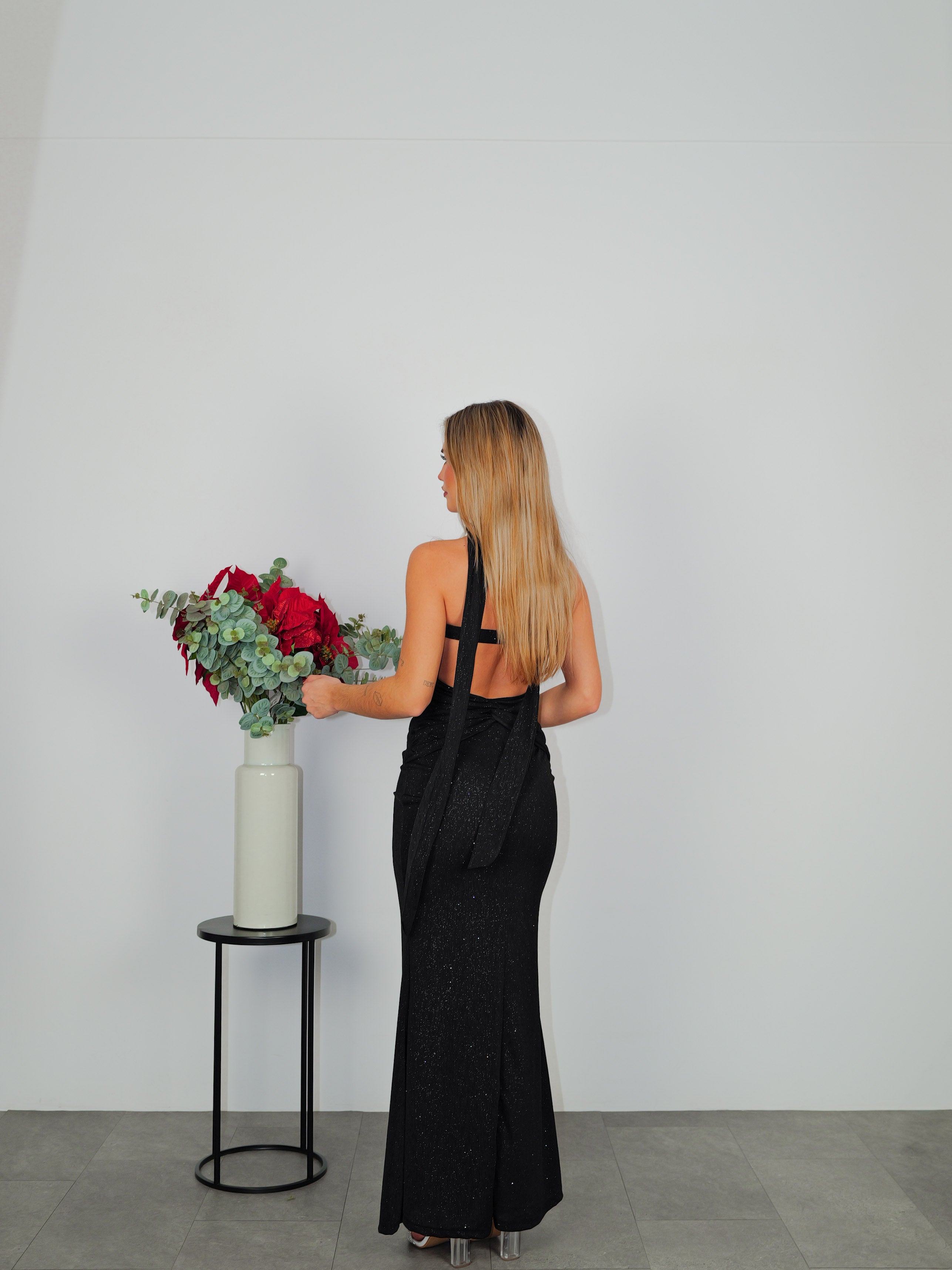 Black lurex backless dress
