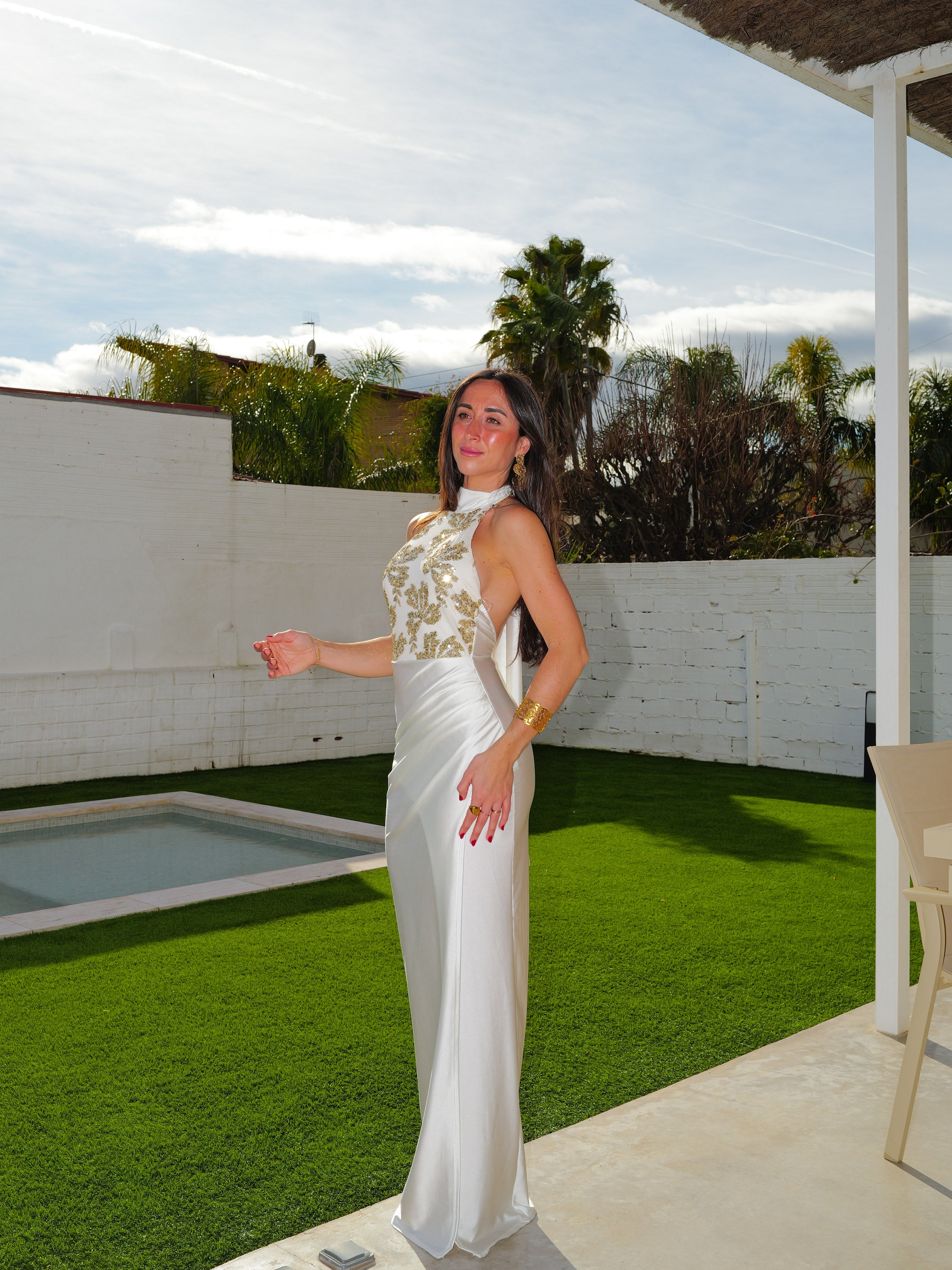 Long cream halter choker dress