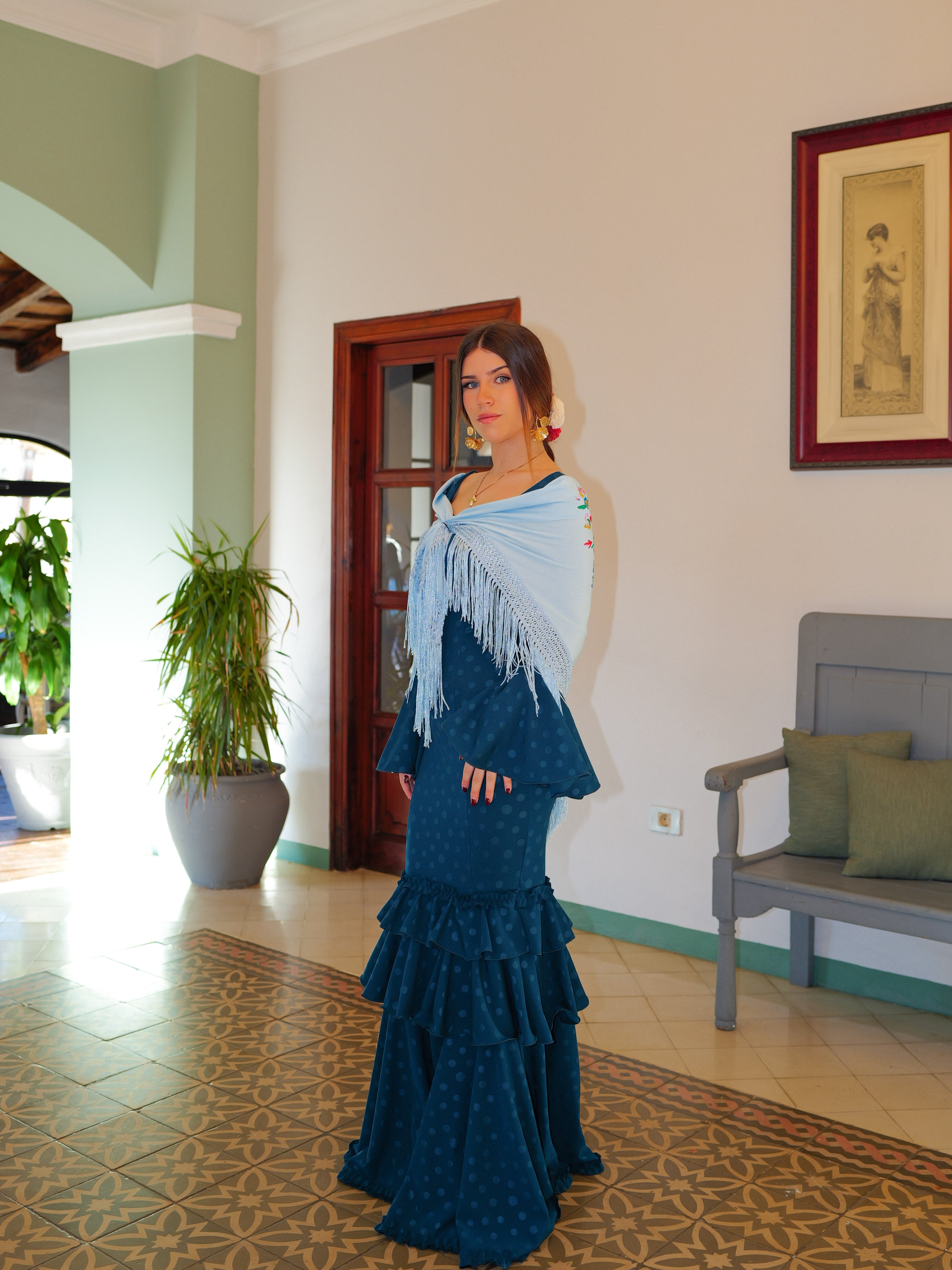 Flamenco shawl embroidered with light blue flowers