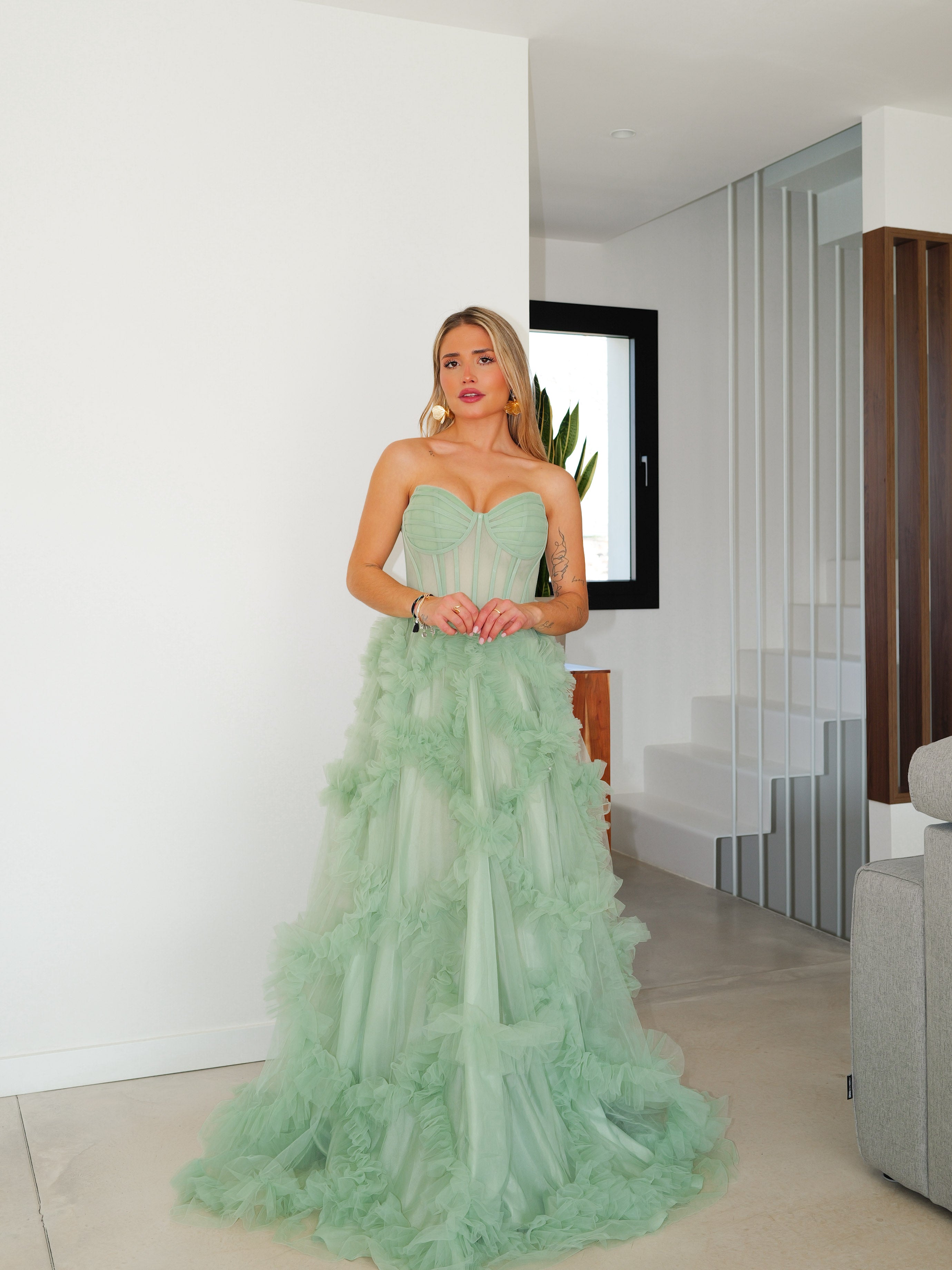 Corset dress word chiffon ruffles mint