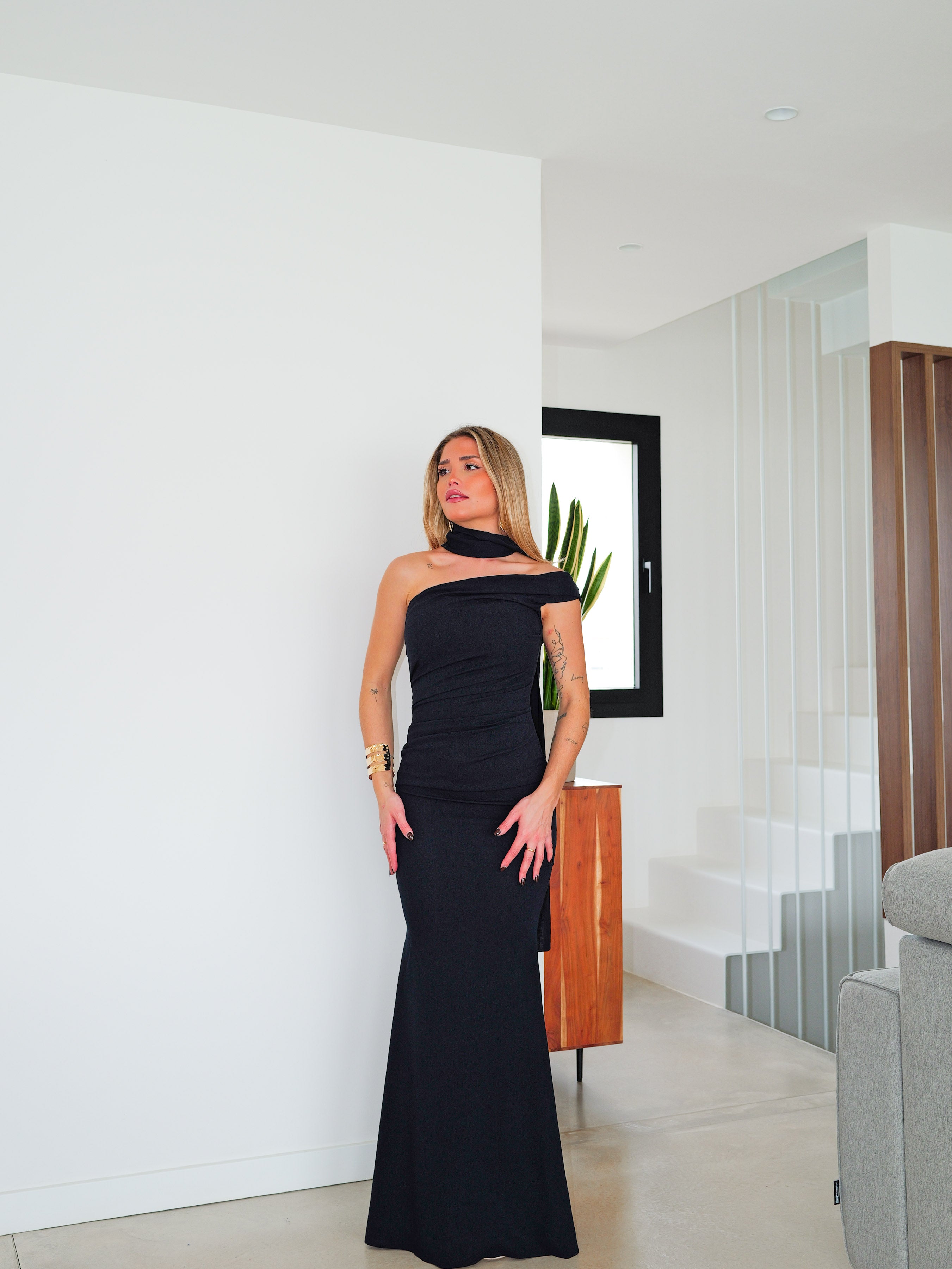 Asymmetrical navy choker dress