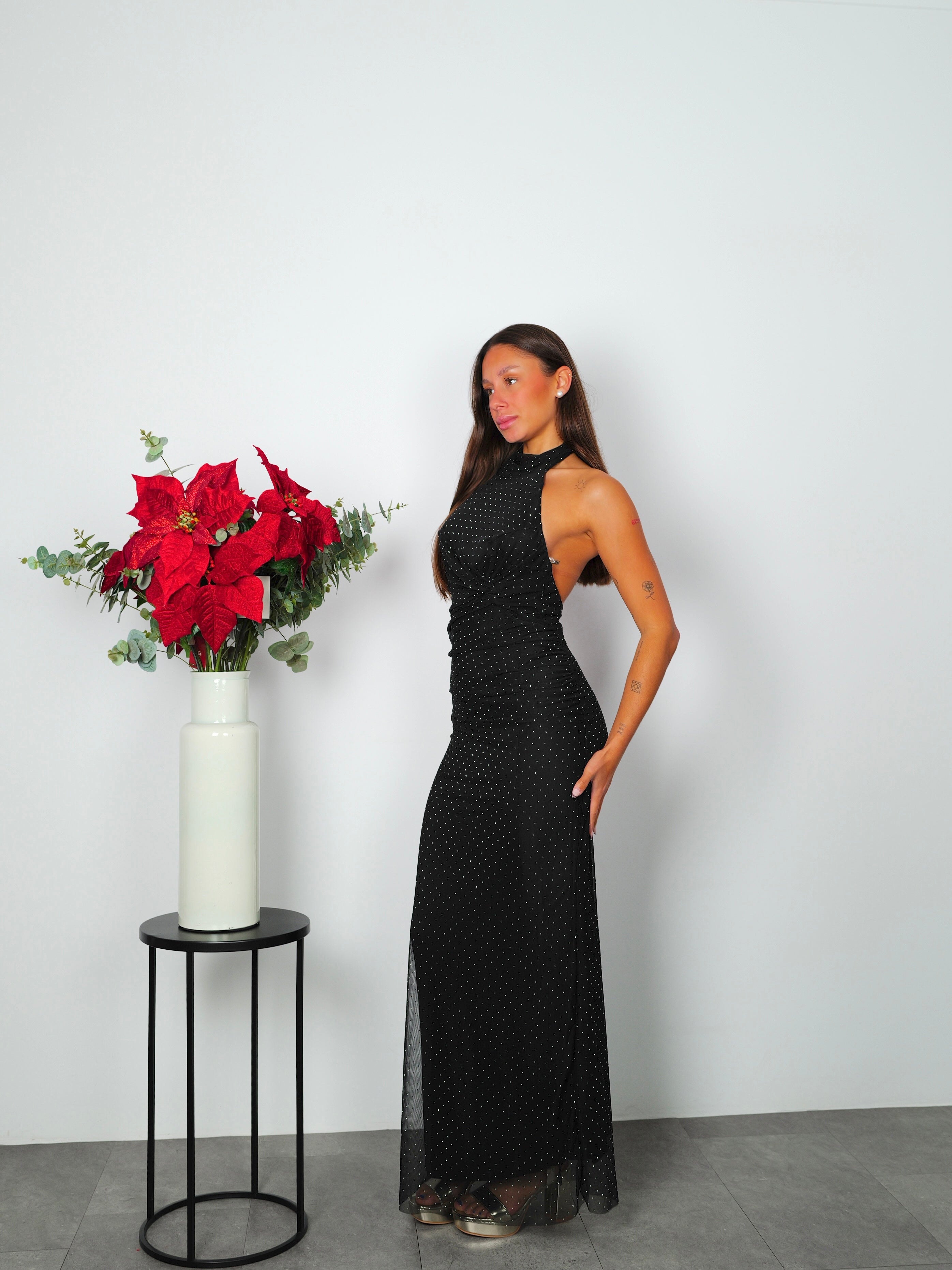 Long halter dress tulle glitter black