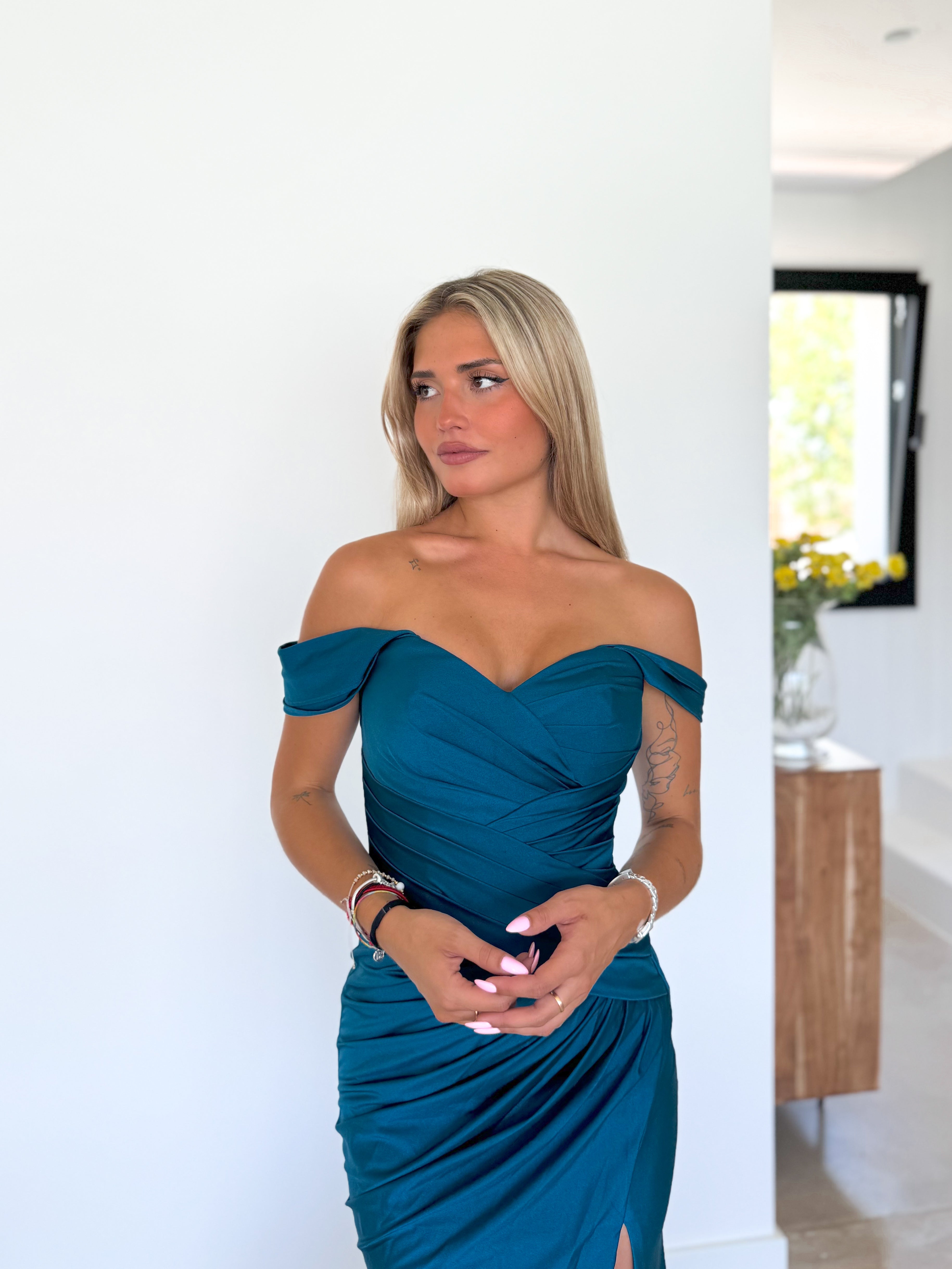 Boat dress with criss-cross gathering TEAL