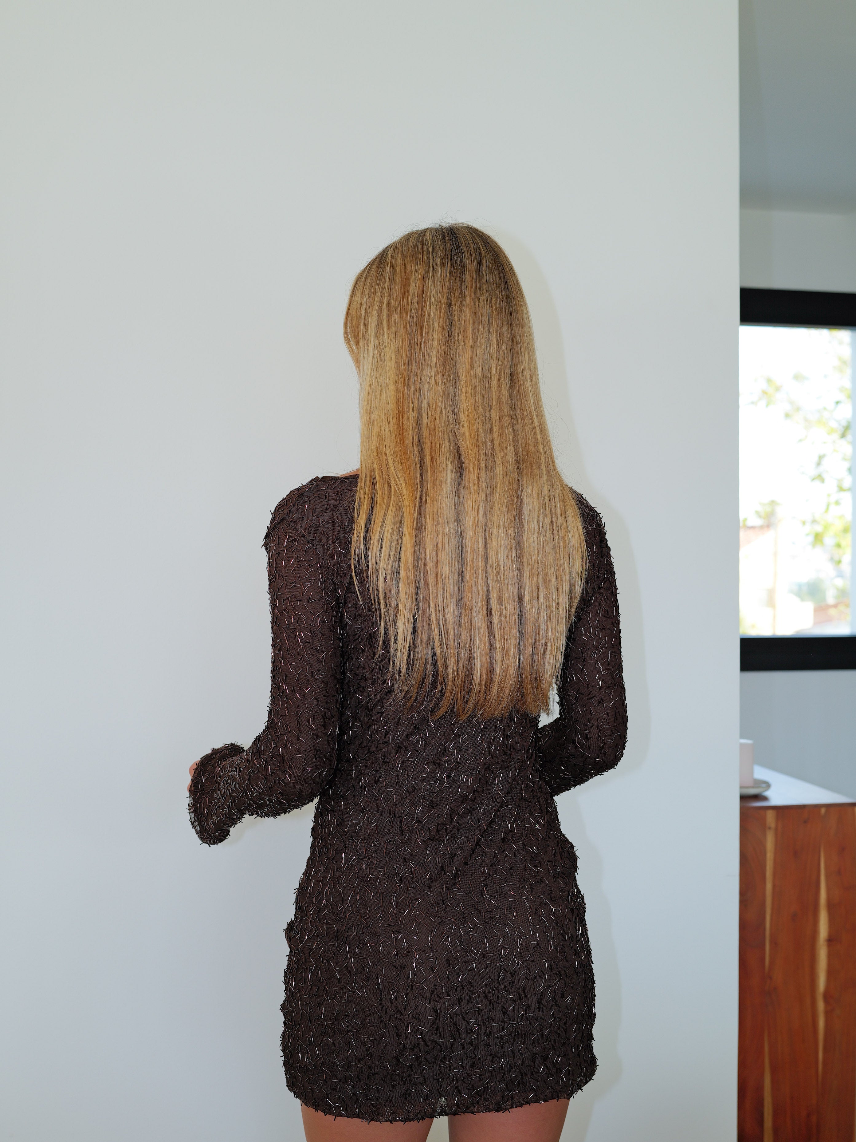 Chocolate texture cascade mini dress