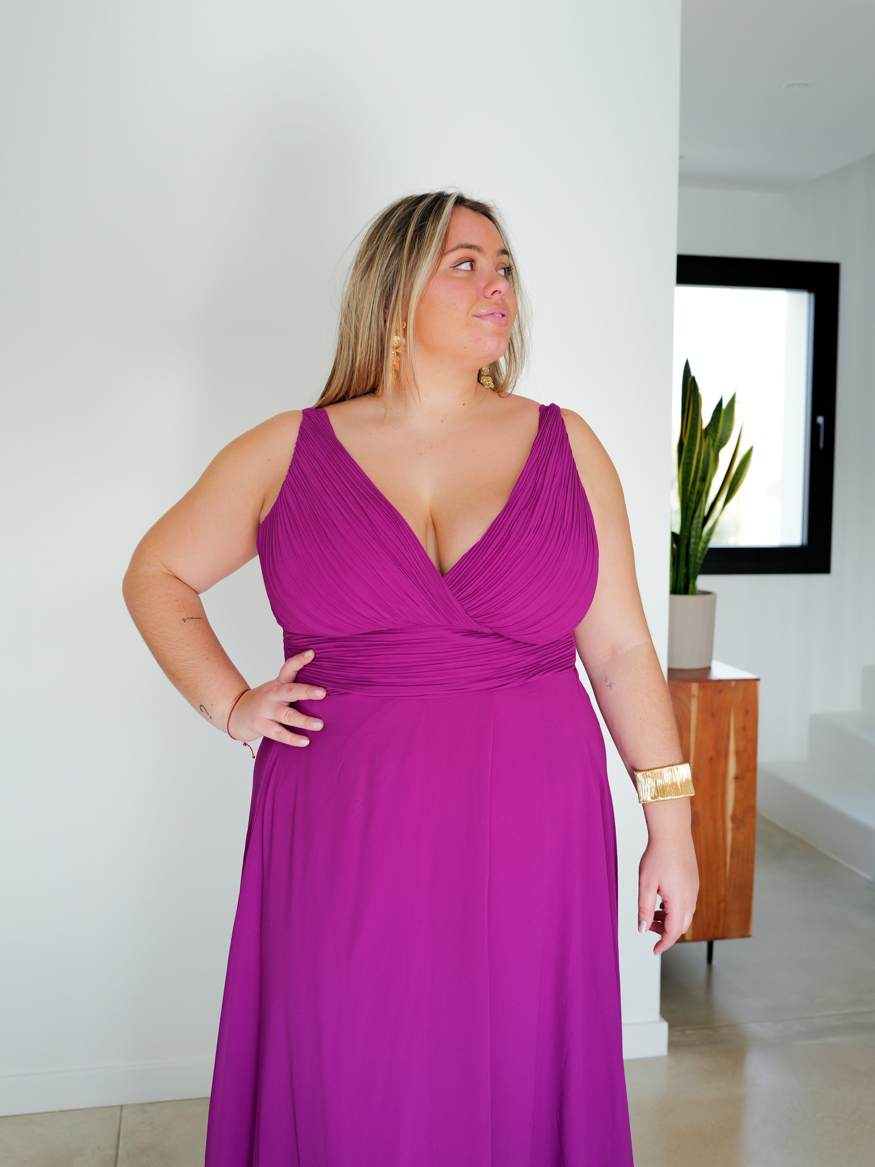 Draped V-neck long dress BOUGAINVILLEA