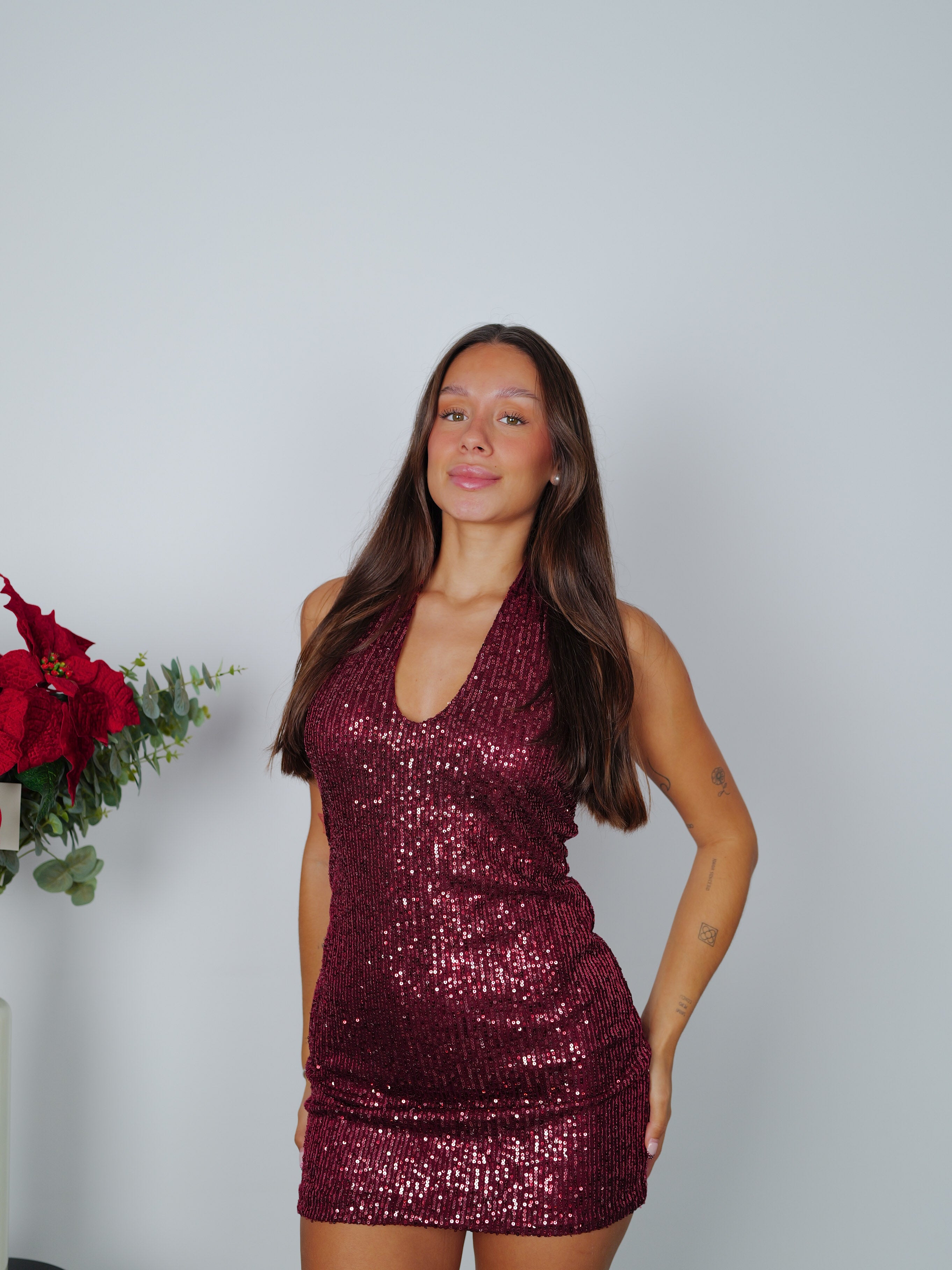 Burgundy burgundy glitter back mini peak dress