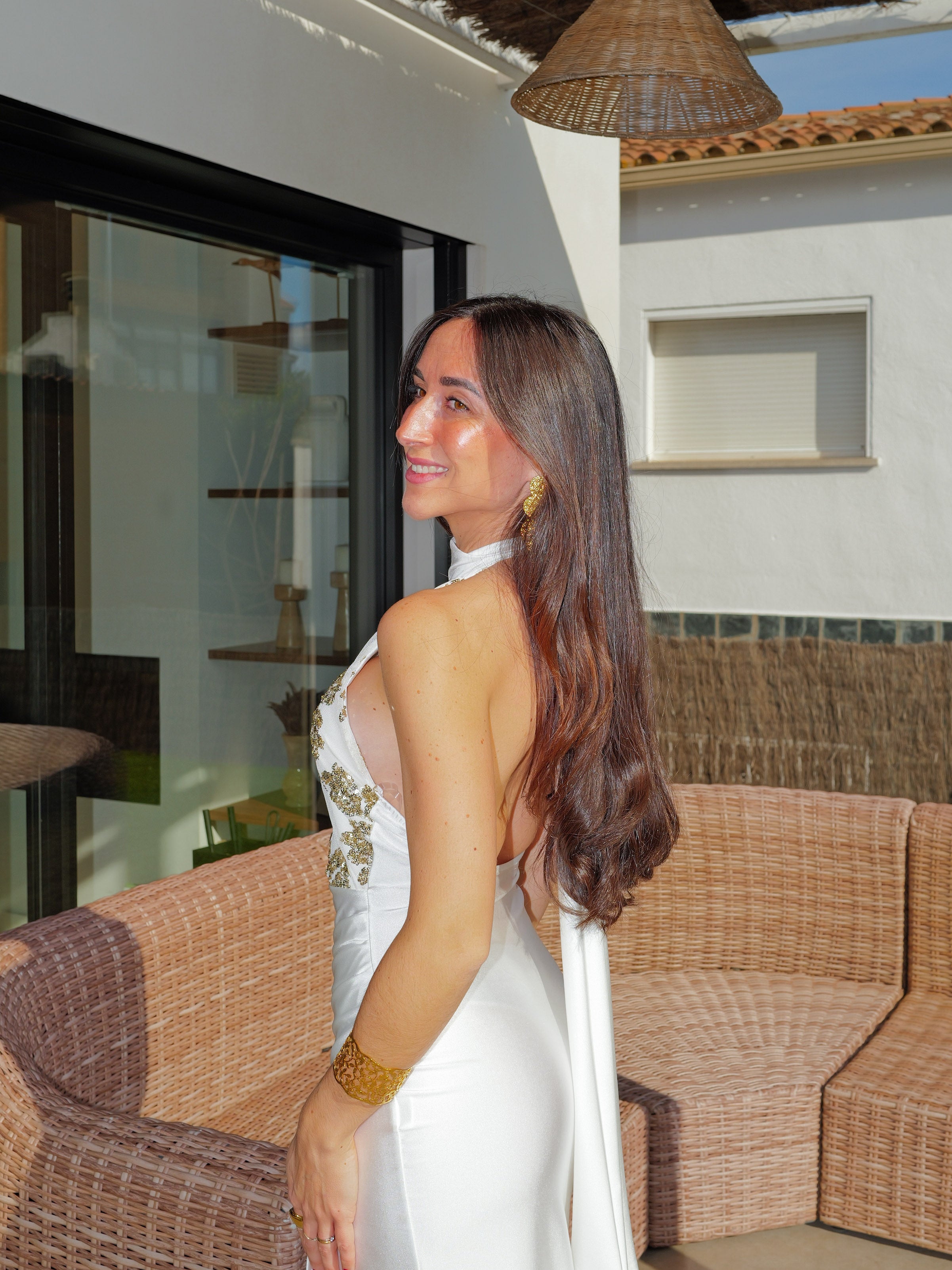 Long cream halter choker dress