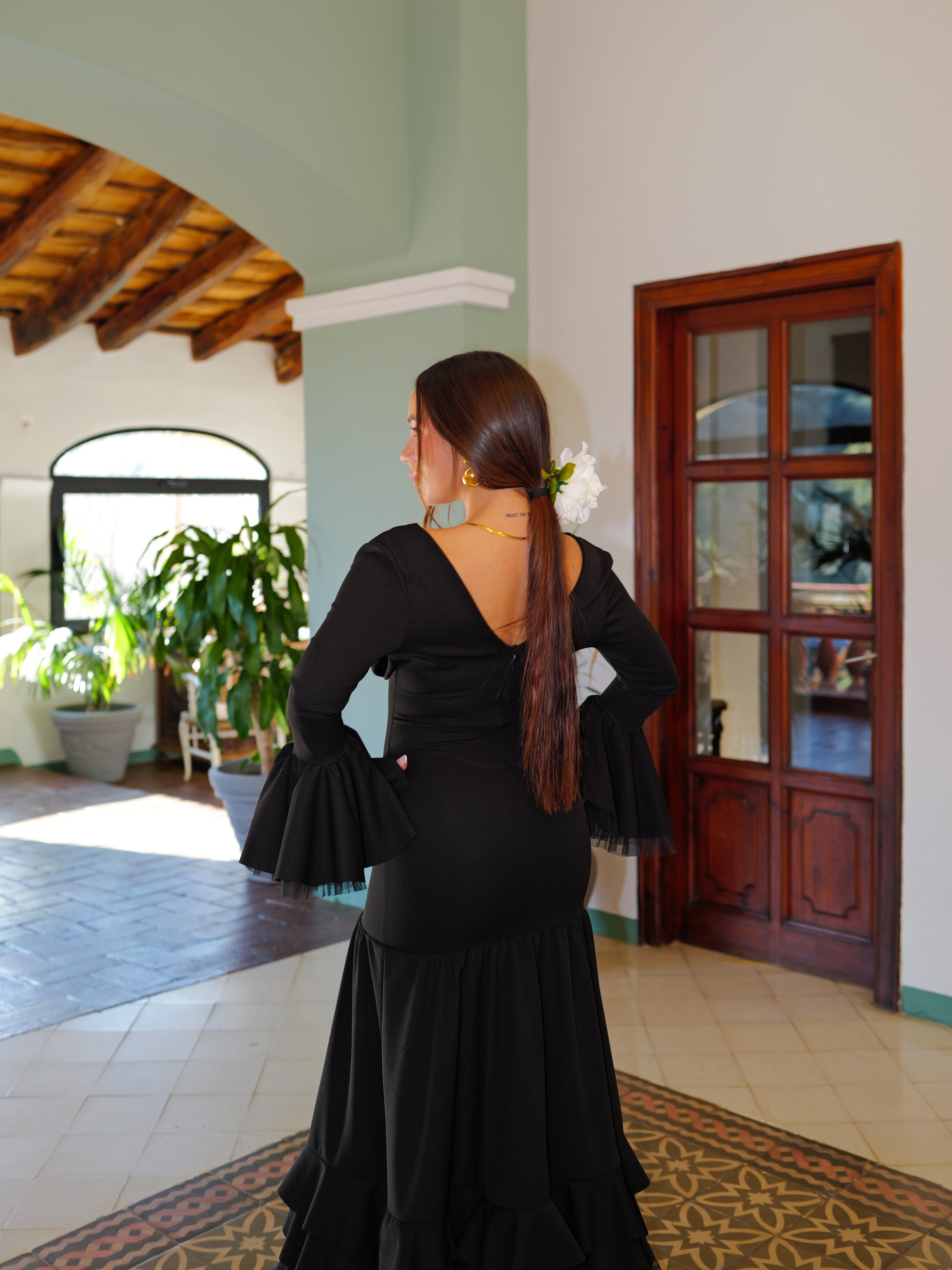 Black V-neck flamenco dress
