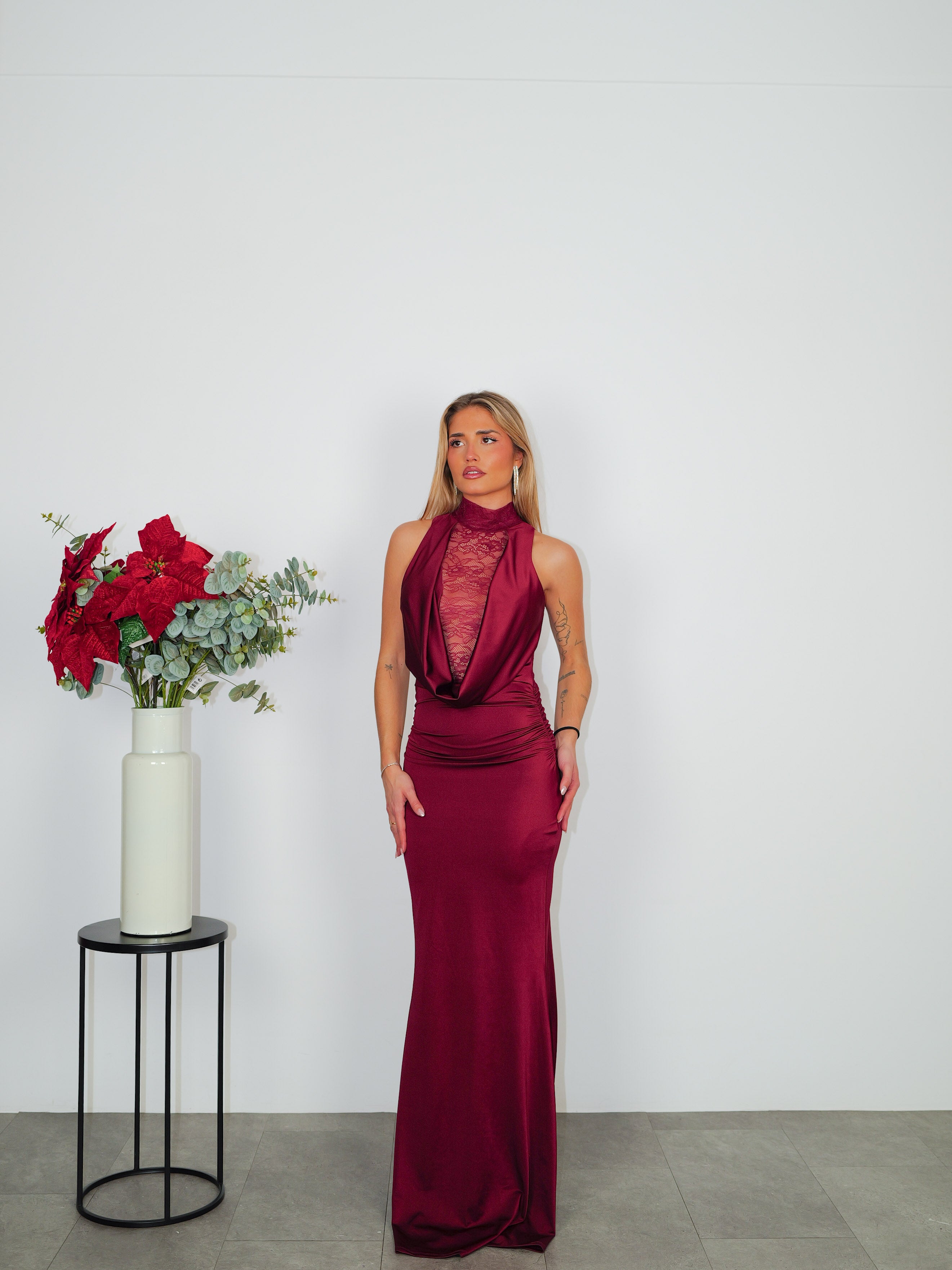 Long burgundy lace neckline waterfall dress