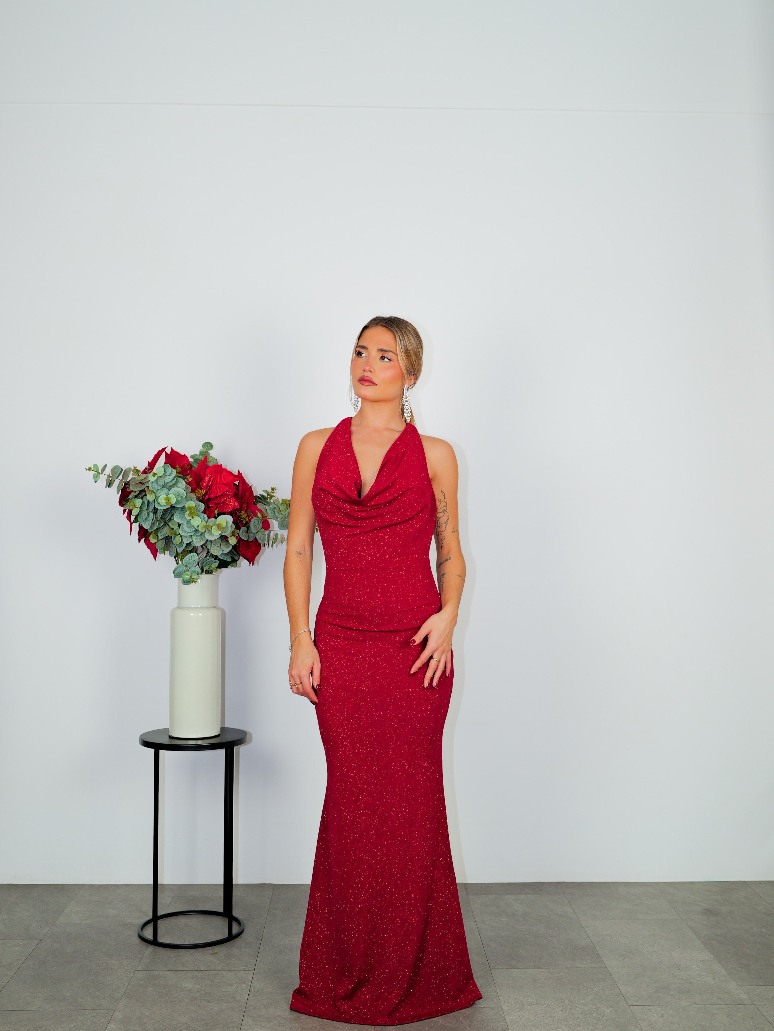 Long burgundy cascade lurex dress