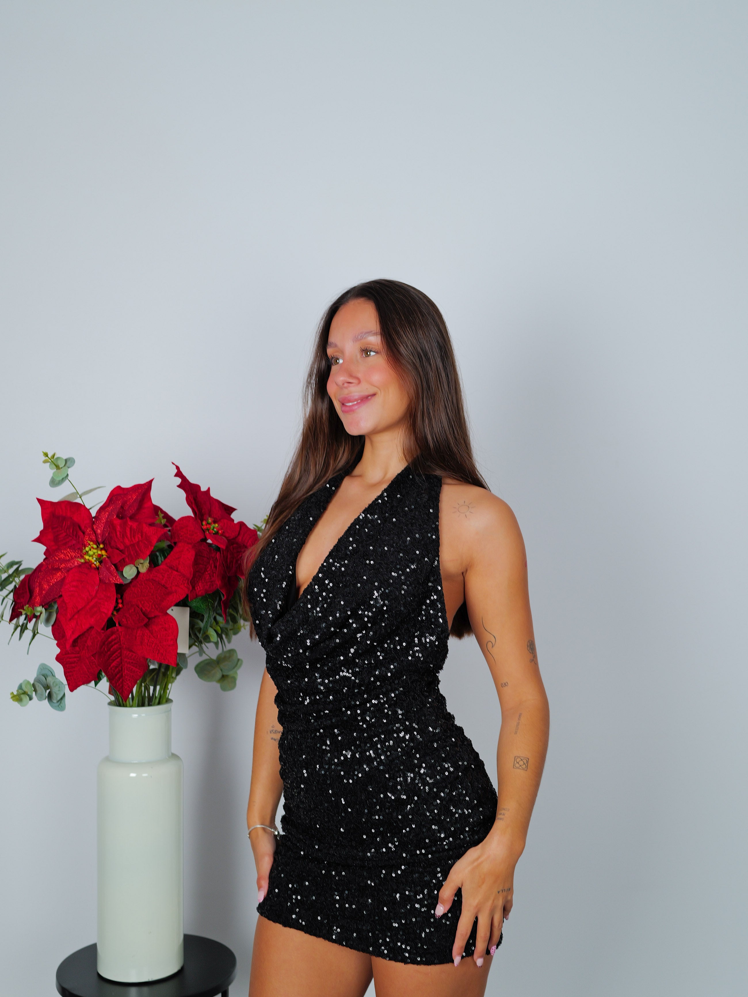 Black glitter waterfall mini dress