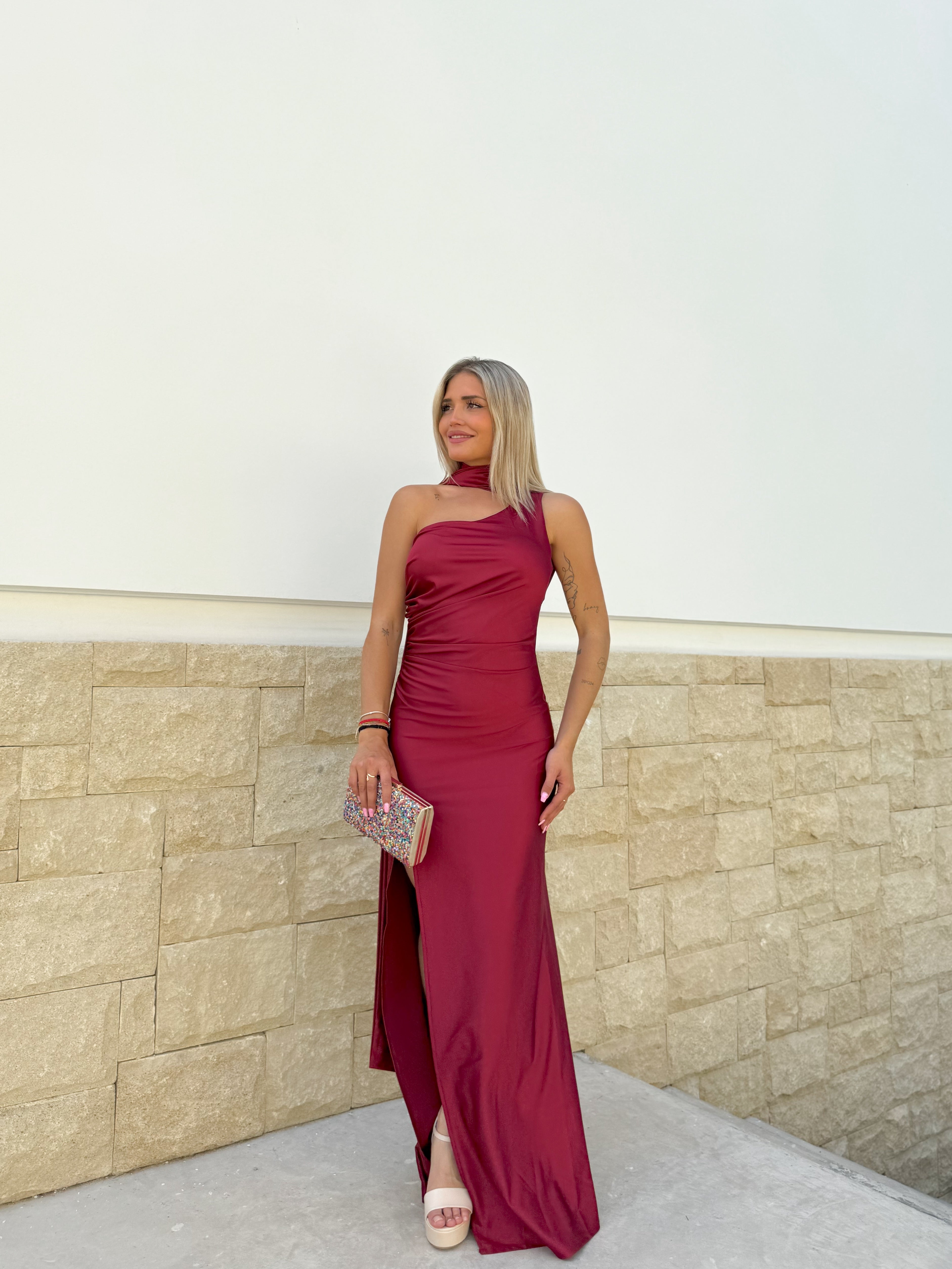 Asym choker dress burgundy back