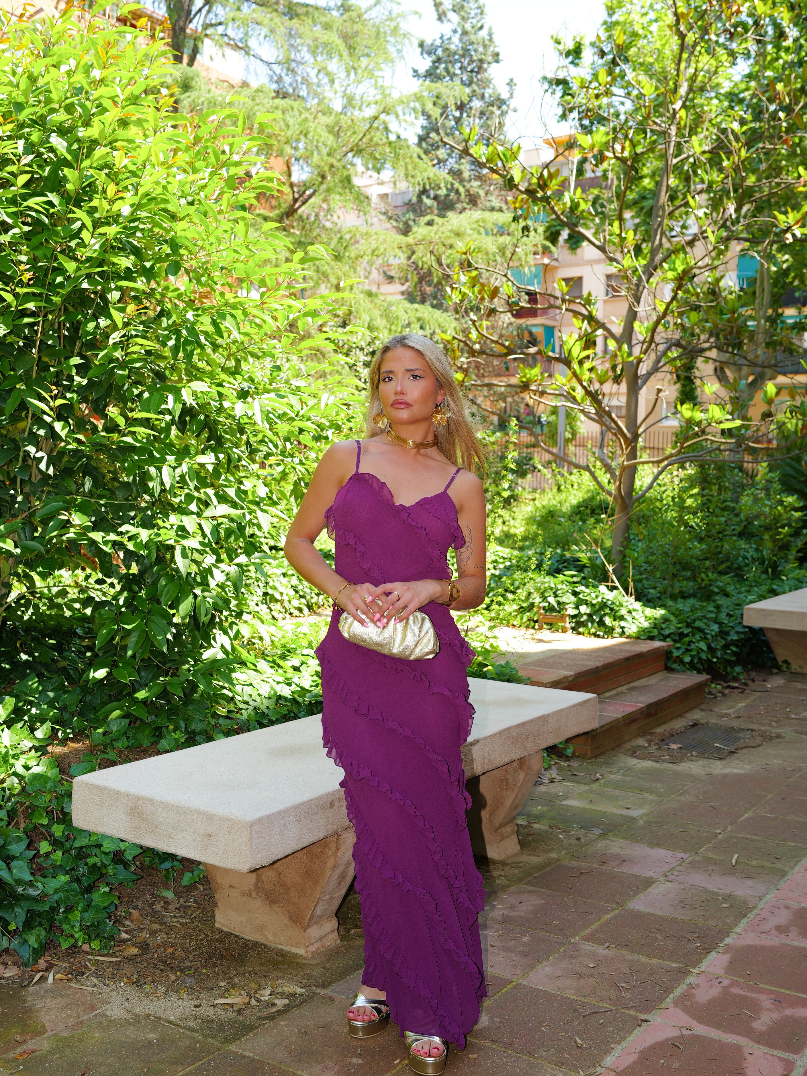 Eggplant crepe ruffles dress