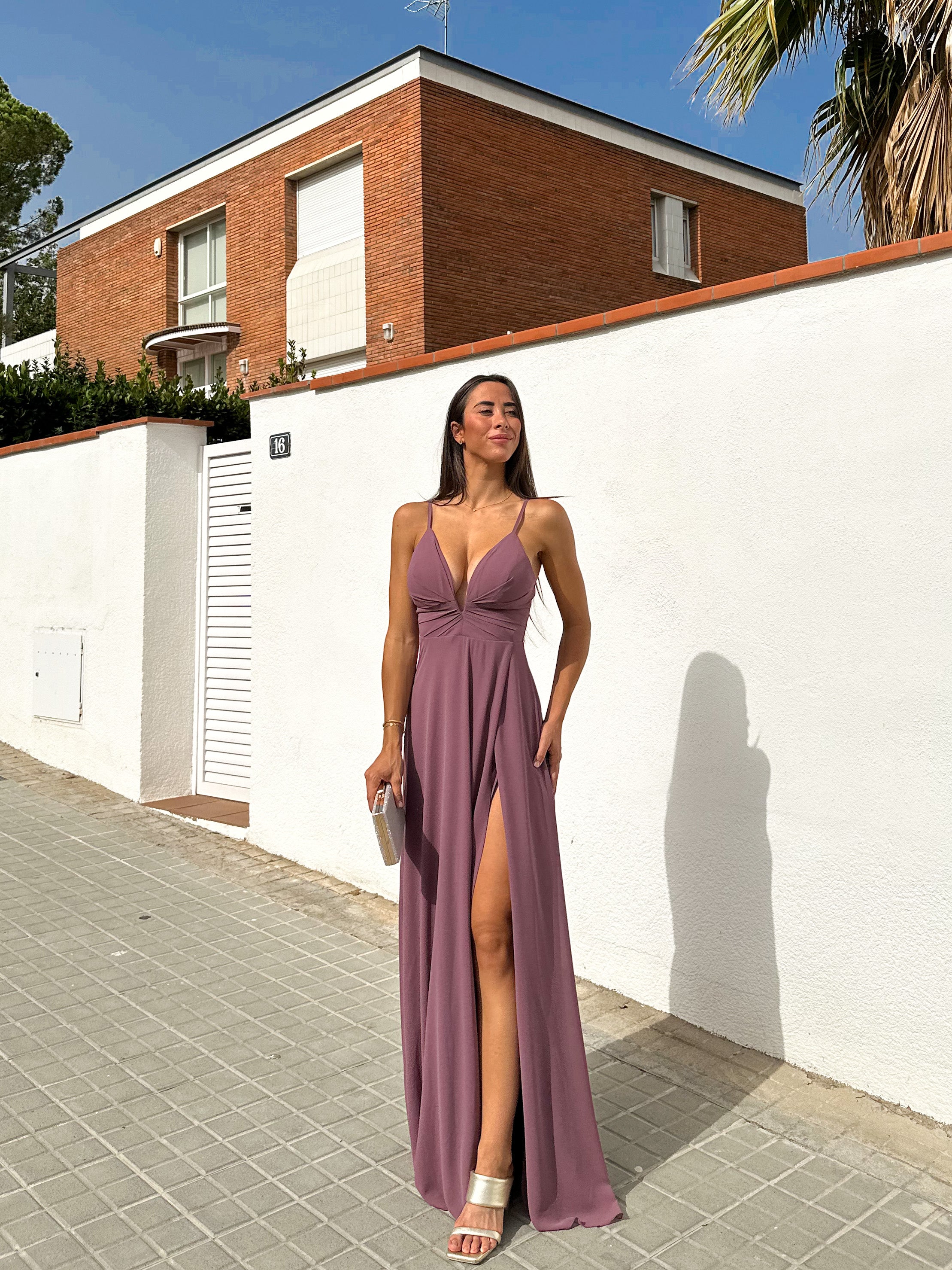 Mauve crepe peak dress